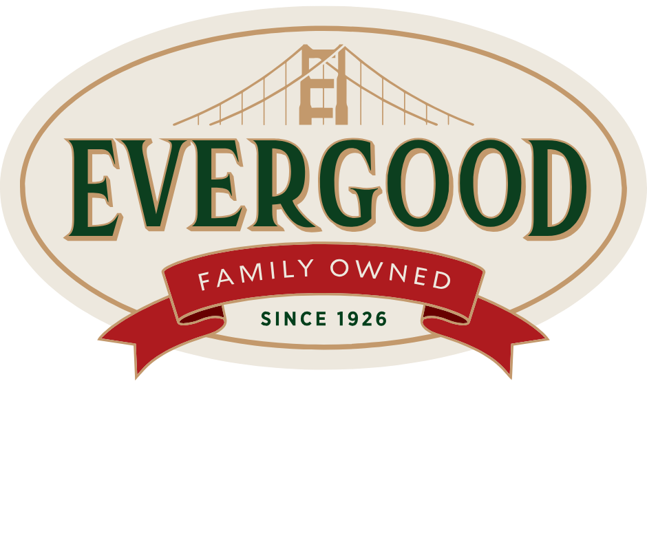 Logo of Evergood with a depiction of a suspension bridge above the company name, and a red ribbon banner below stating "Family Owned Since 1926".
