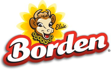 Logo of Borden featuring a smiling cow's head with flowers around its neck, set against a yellow sunburst background, with the name 'Elsie' written beside it.