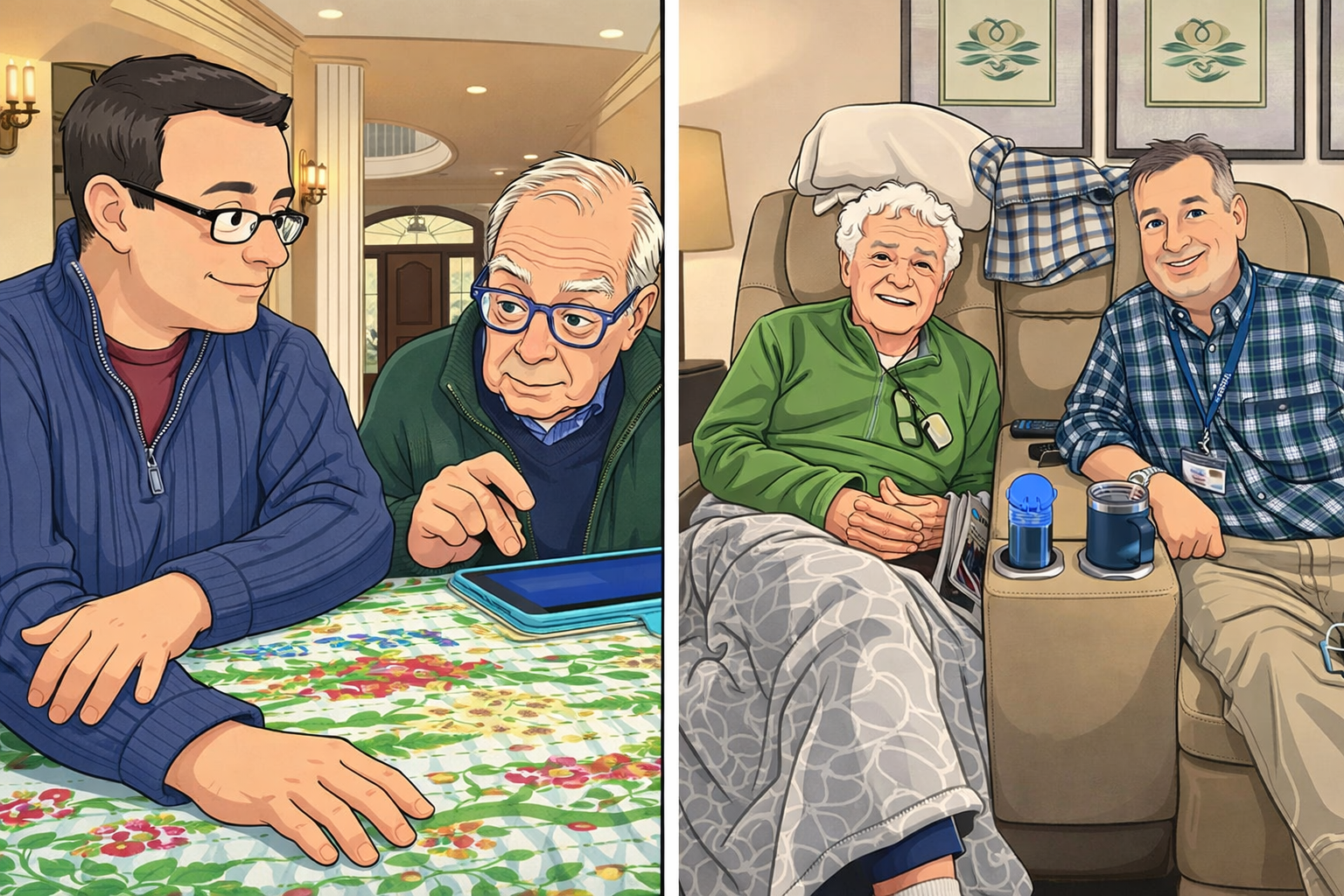 Illustration of two groups of people, each consisting of two men, in different settings. On the left, younger men are sitting at a table in a well-lit room, looking at a tablet. On the right, older men are sitting on a couch in a cozy, homey room, smiling and engaging with each other.