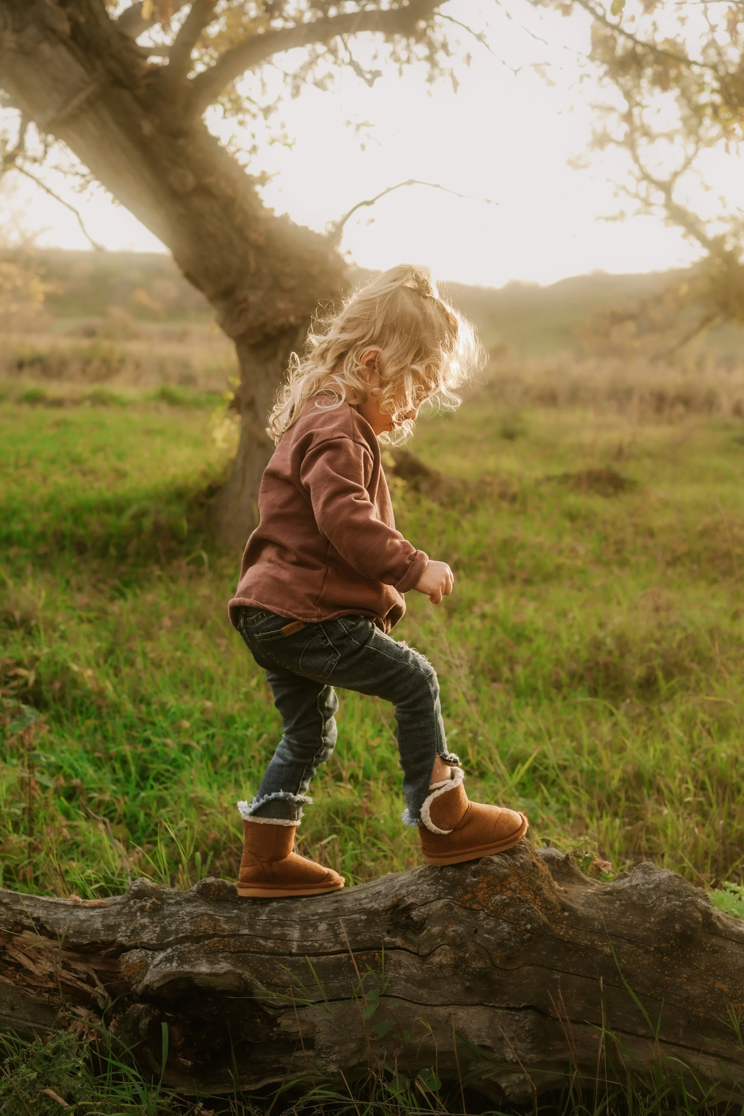 A young child with curly blonde hair, wearing a brown jacket, dark jeans, and brown boots, balances on a fallen log outdoors during sunset, with a large tree in the background and green grass around.