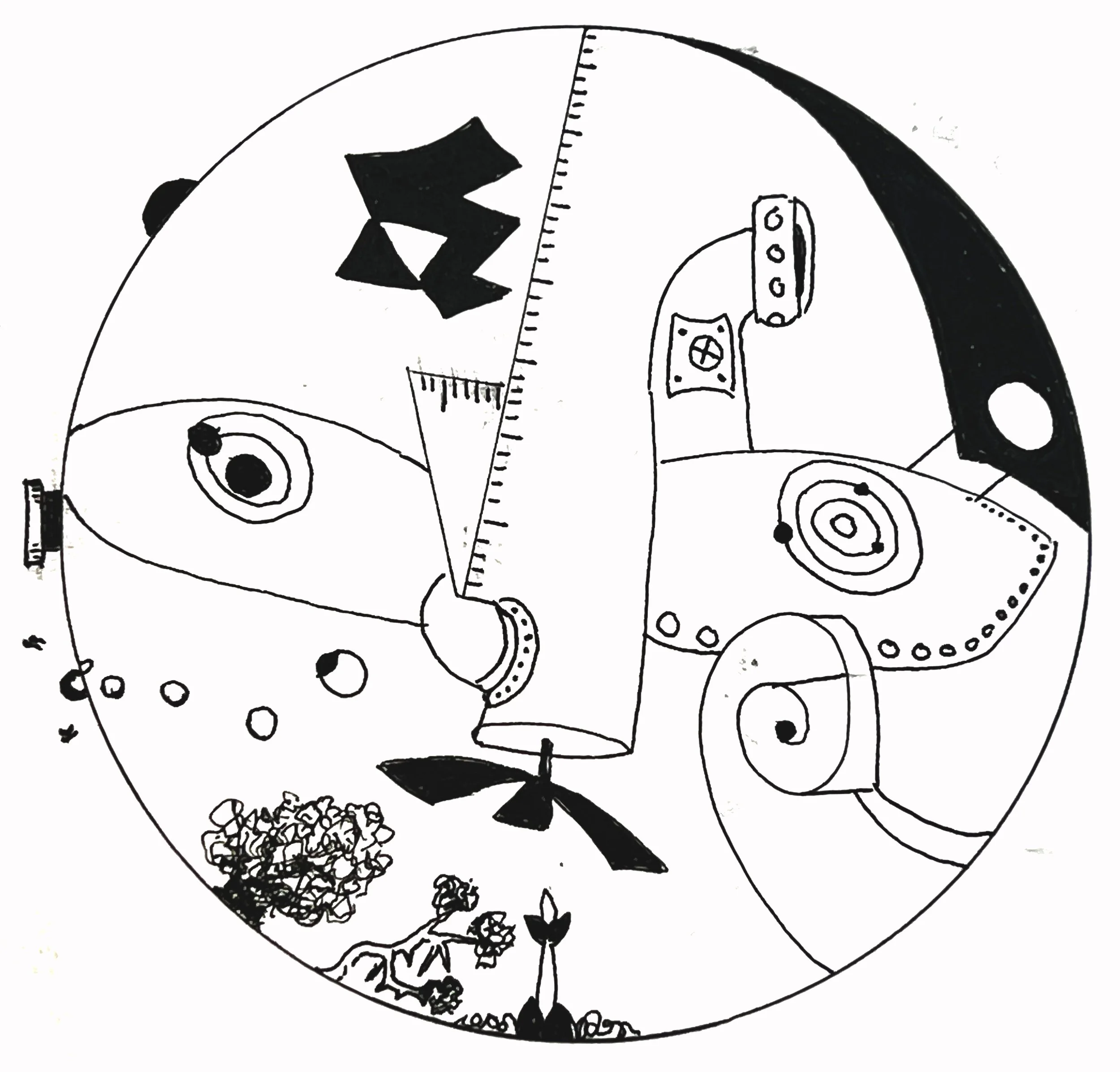 Black and white drawing of a circular sculpture with various abstract shapes, patterns, and small decorative elements, featuring a central figure resembling a stylized plant or flower and scattered floral patterns at the bottom.