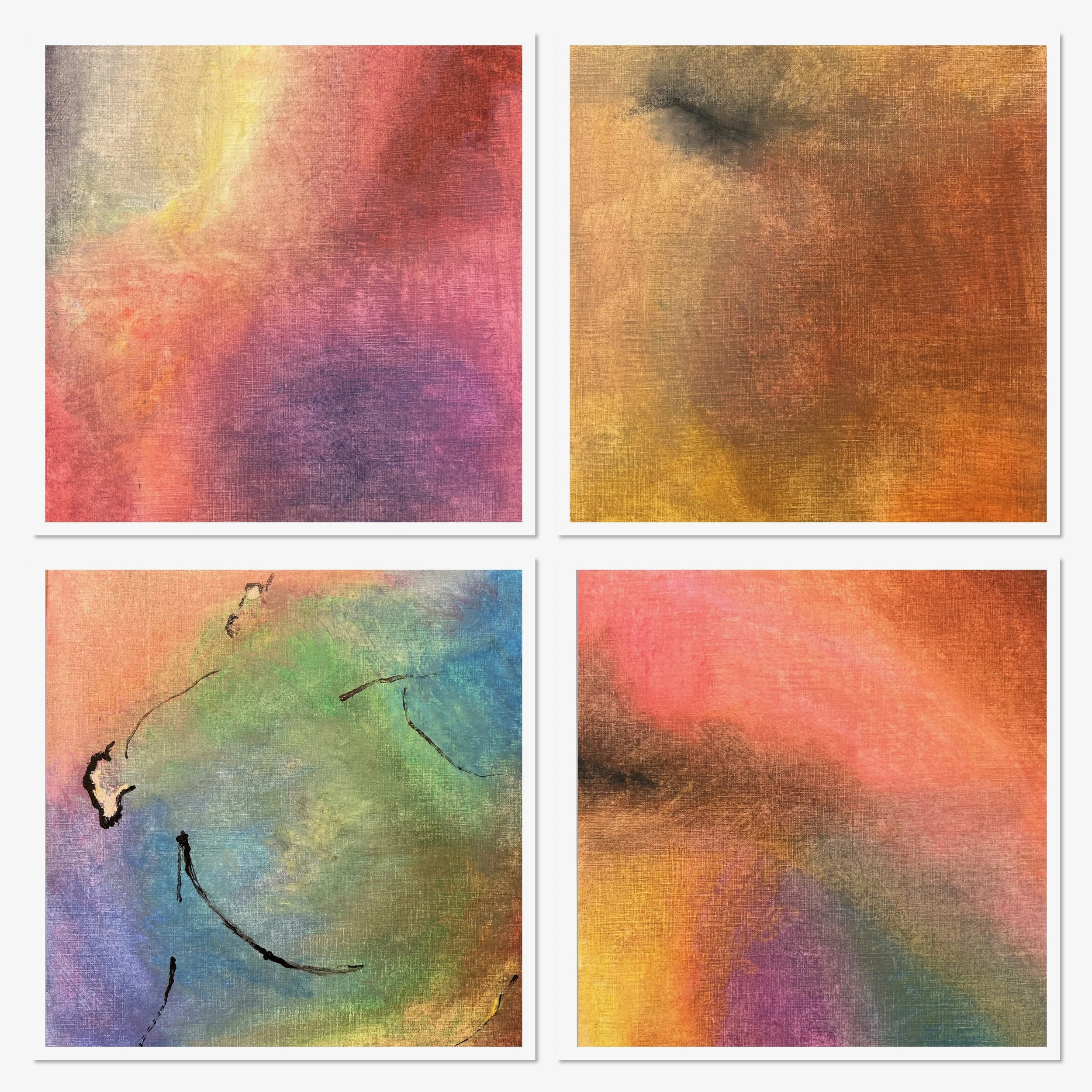 Four abstract textured paintings with warm and cool color gradients.