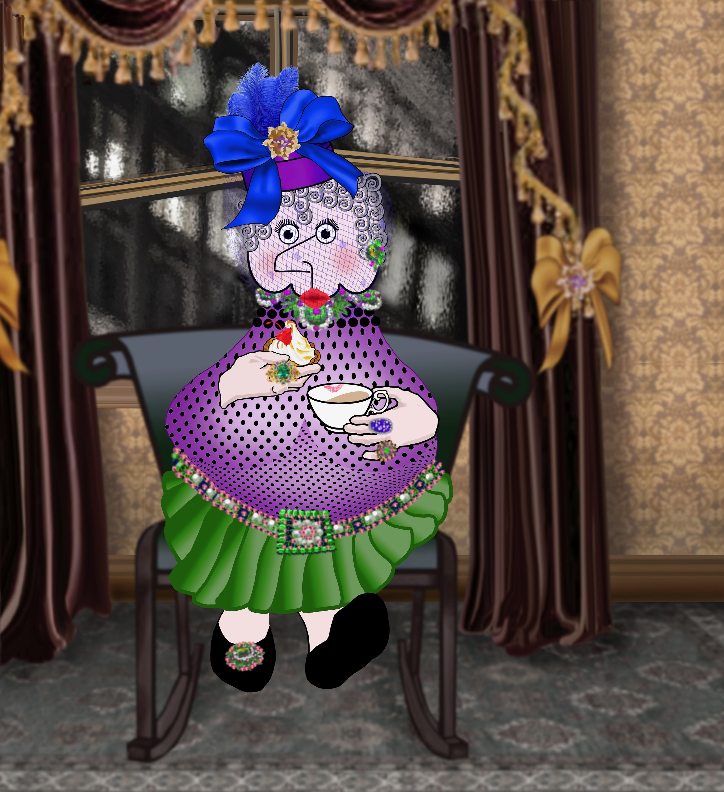 Animated elderly woman with curly hair wearing a purple polka dot dress, a large blue bow with feathers and a flower on her head, holding a cupcake and a cup, sitting at a table with floral decorations.