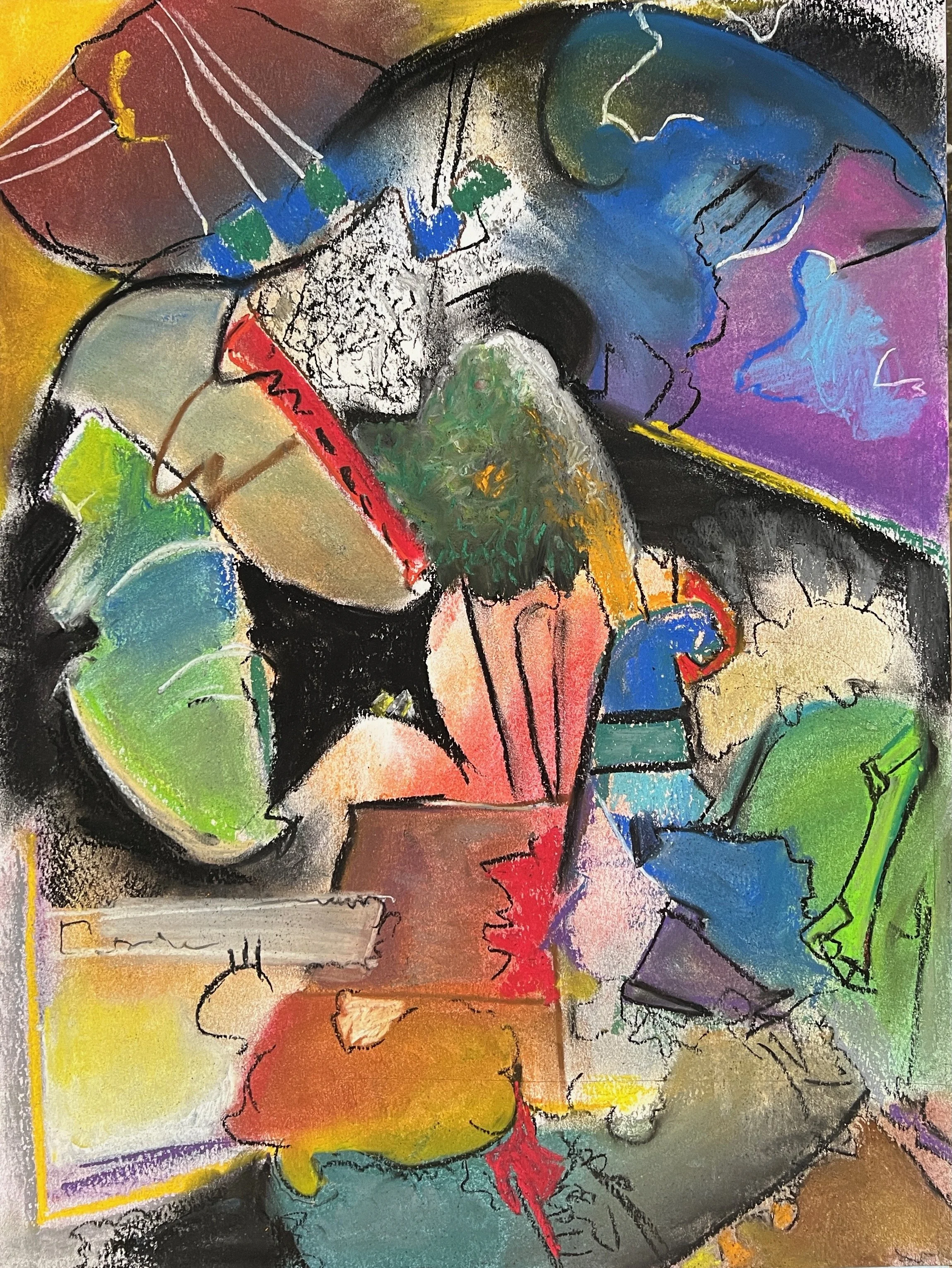 An abstract colorful painting with various shapes and lines, featuring prominent use of yellow, green, blue, purple, red, and black colors, with some areas of textured paint and black outlines.