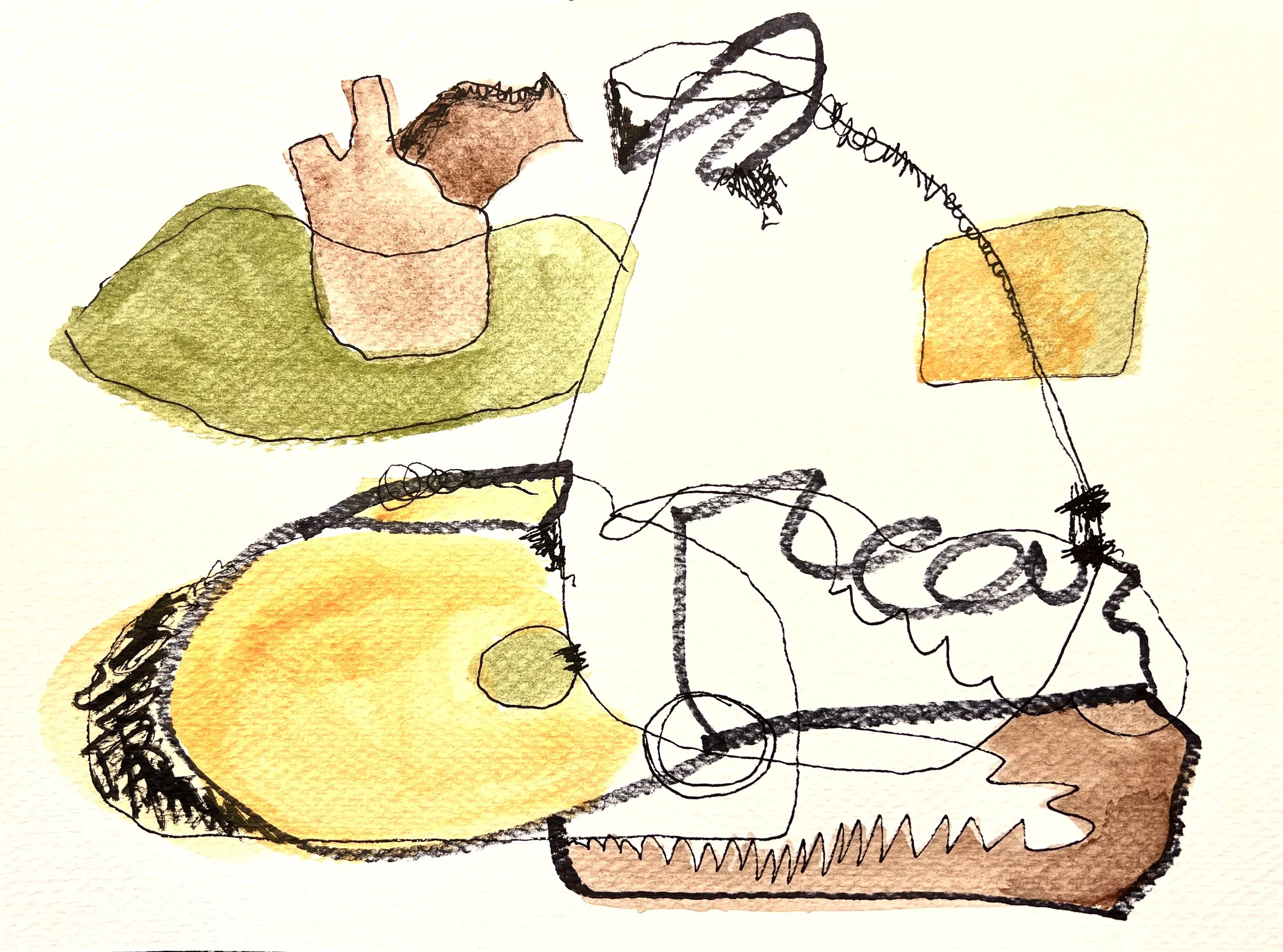 A colorful abstract drawing of a teacup on a saucer with steam rising and a tea bag, created with watercolor and ink.