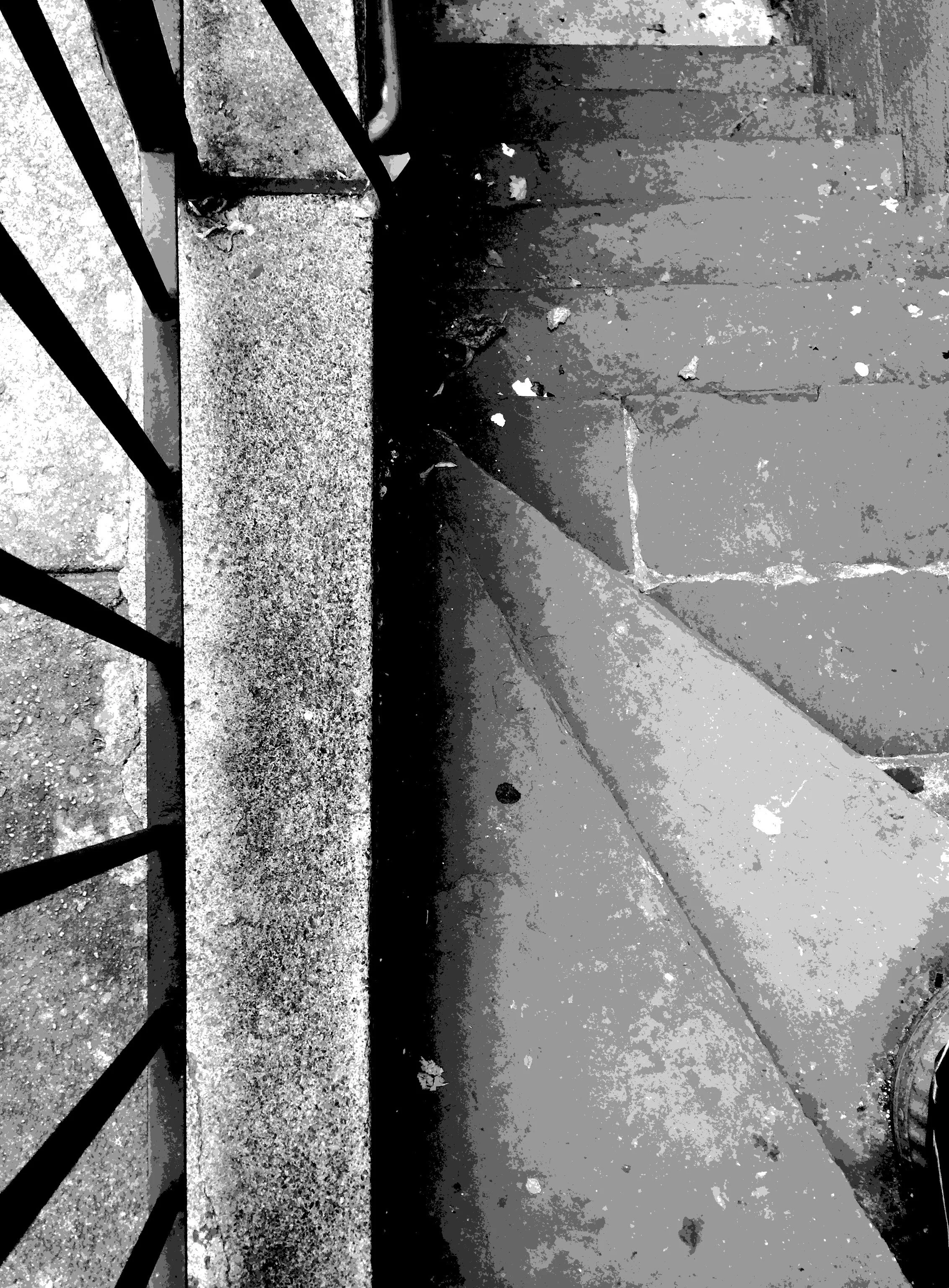 Close-up of concrete stairs with chipped paint, dirt, and fallen leaves, with metal railing on the left side, captured in black and white.