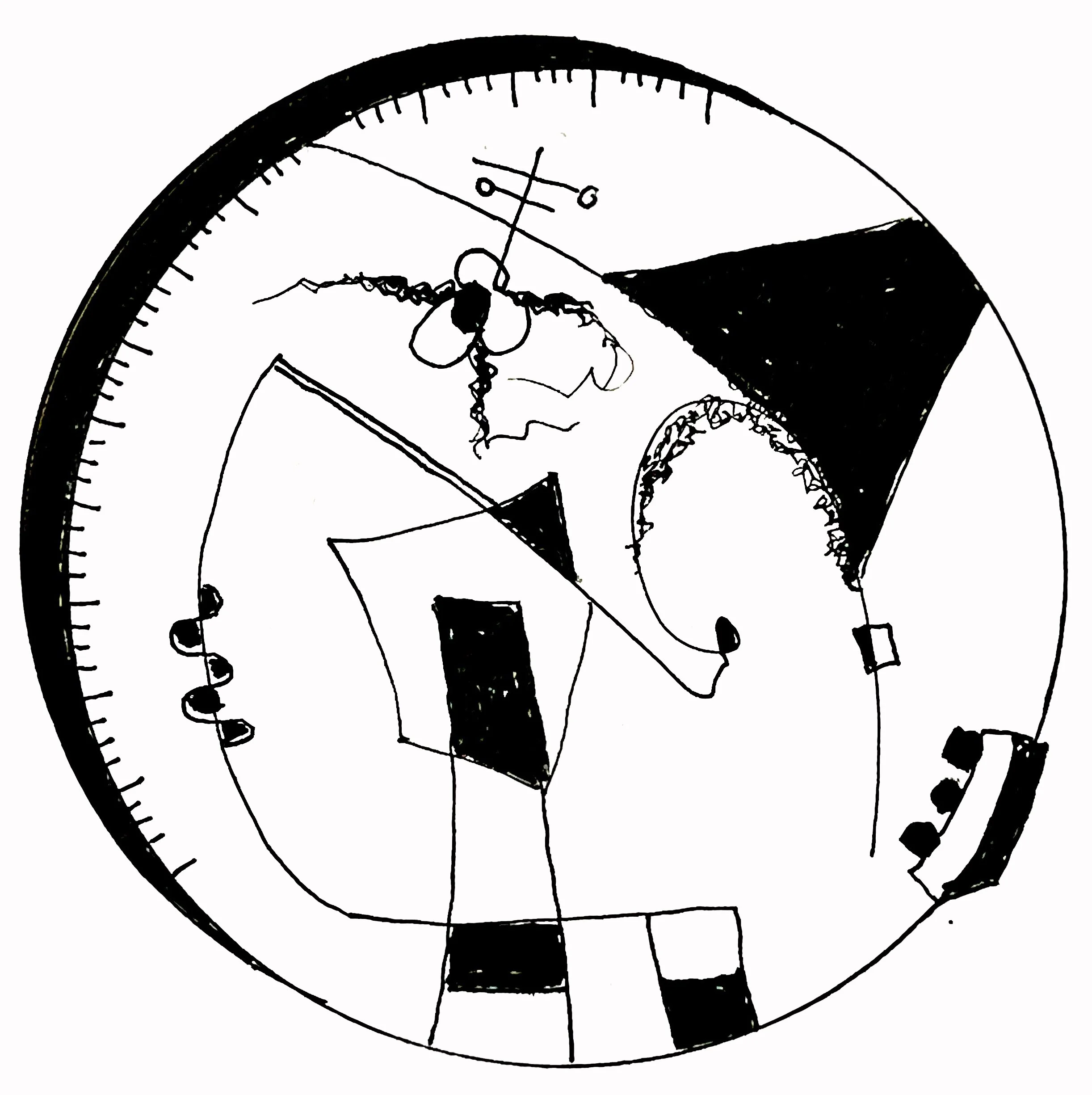 A black and white sketch of a clock face with irregular lines and black filled-in sections, showing an abstract or artistic style.