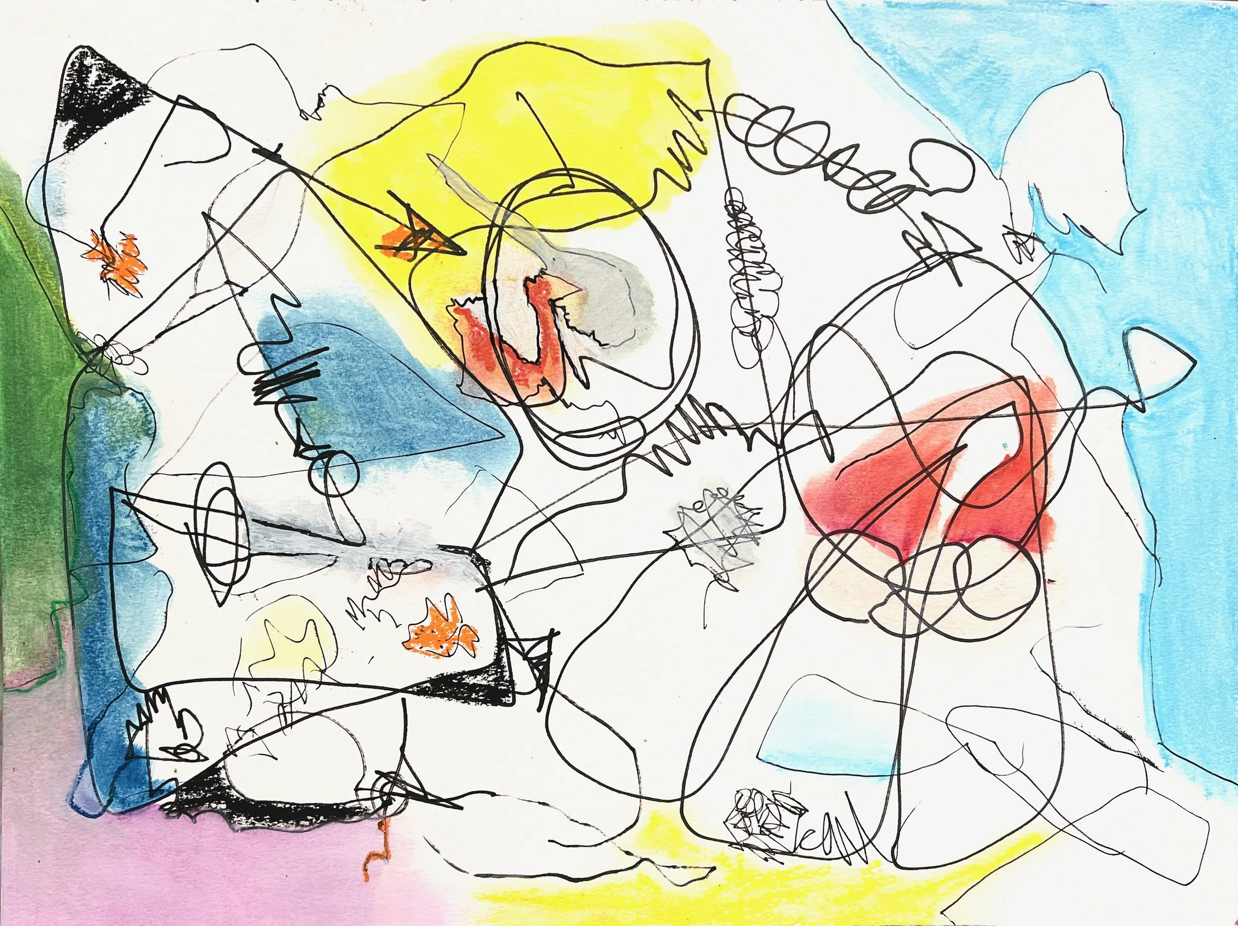 An abstract drawing with colorful watercolors and black scribbles, featuring areas of blue, green, yellow, pink, and red, along with black line work and scribbles.