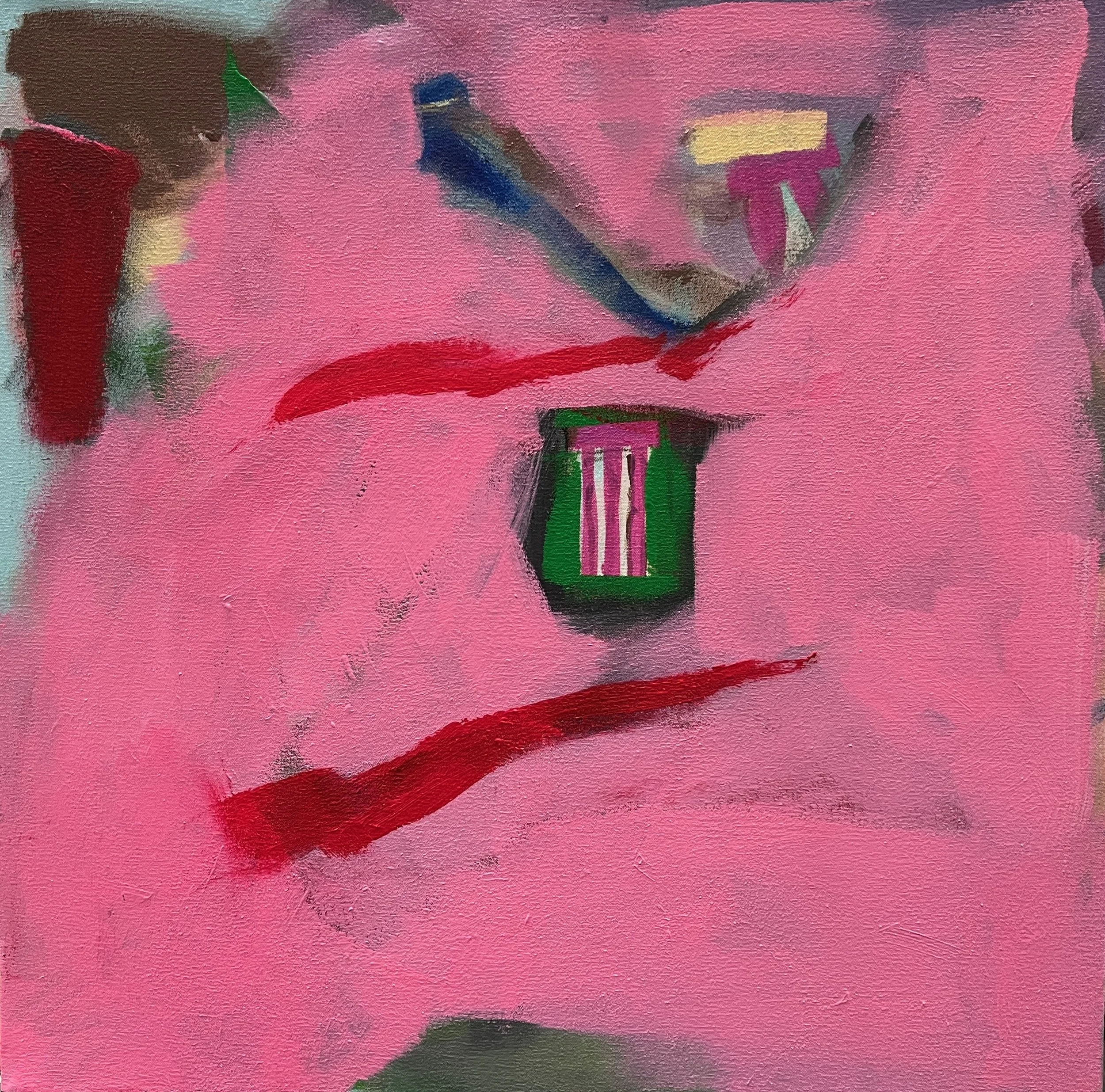 Abstract painting with predominantly pink background, featuring splashes of red, green, blue, yellow, and black.