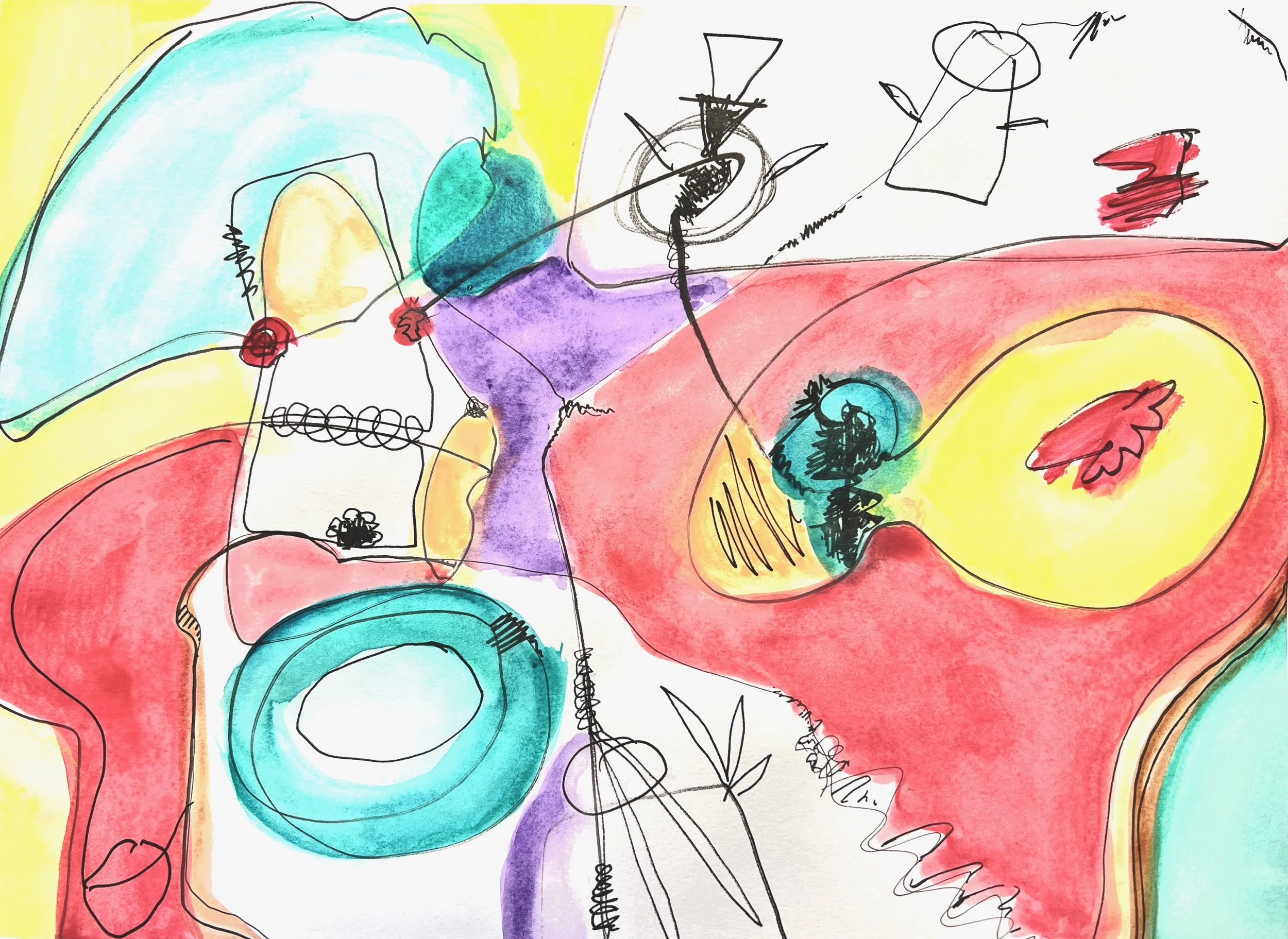 Colorful abstract drawing with watercolor splashes and black line sketches, featuring various circular shapes and organic forms.