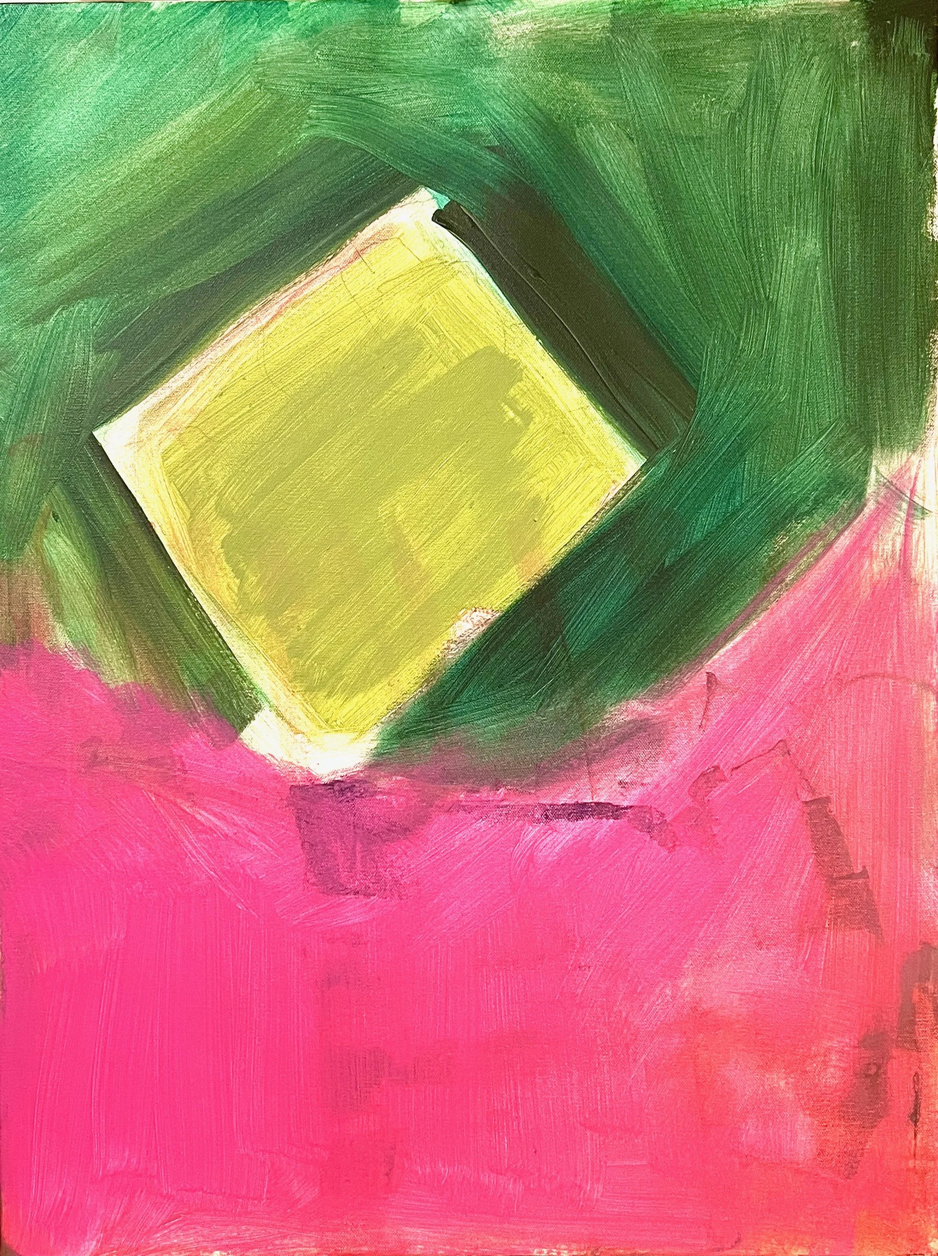 Abstract painting with a pink background, a yellow square in the center, surrounded by green brush strokes.