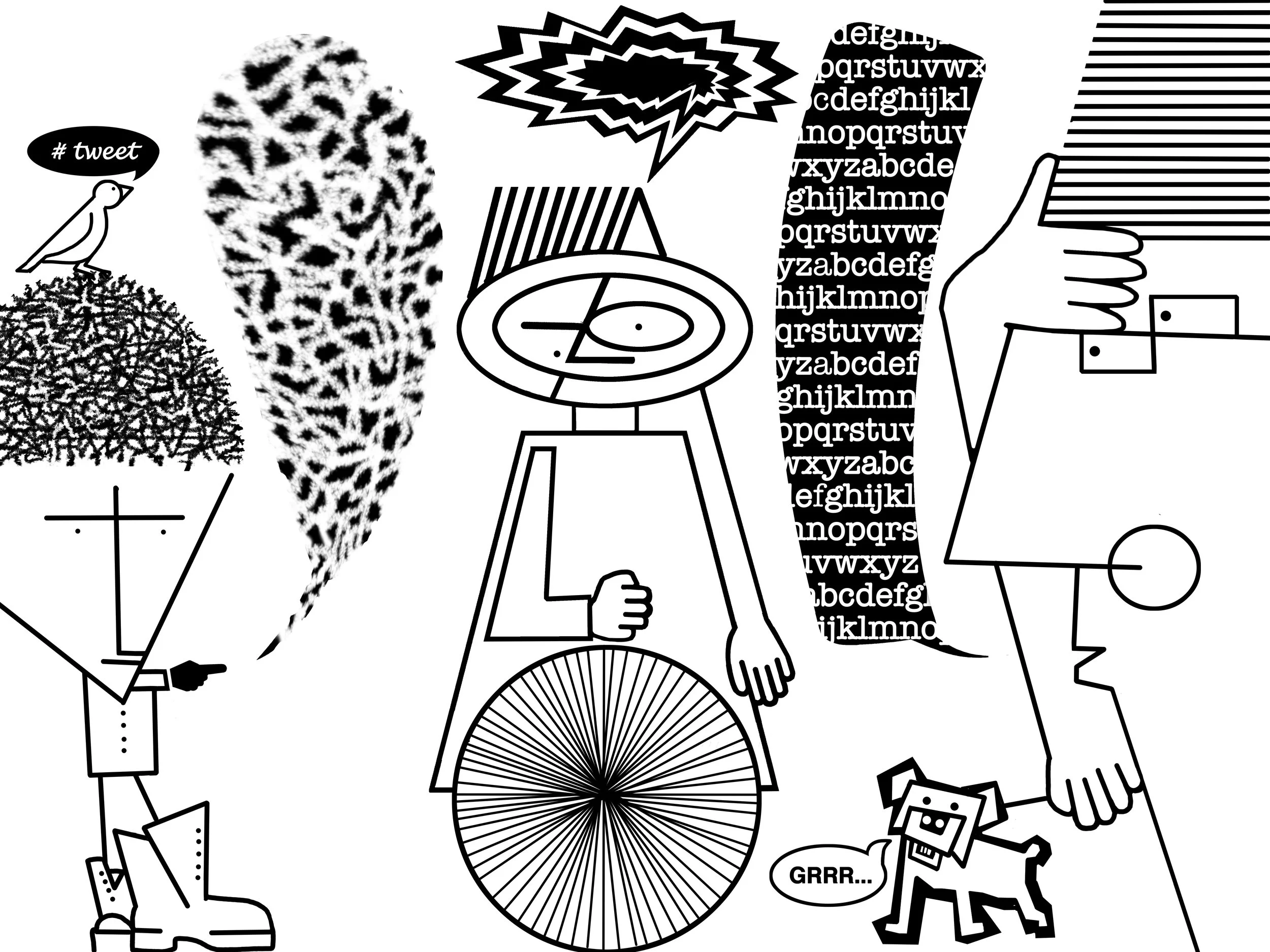 Black and white illustration featuring various abstract and cartoon-like elements, including animals, a wheel, speech bubbles, and scribbled patterns, with some text such as '#tweet' and 'GRRR...'