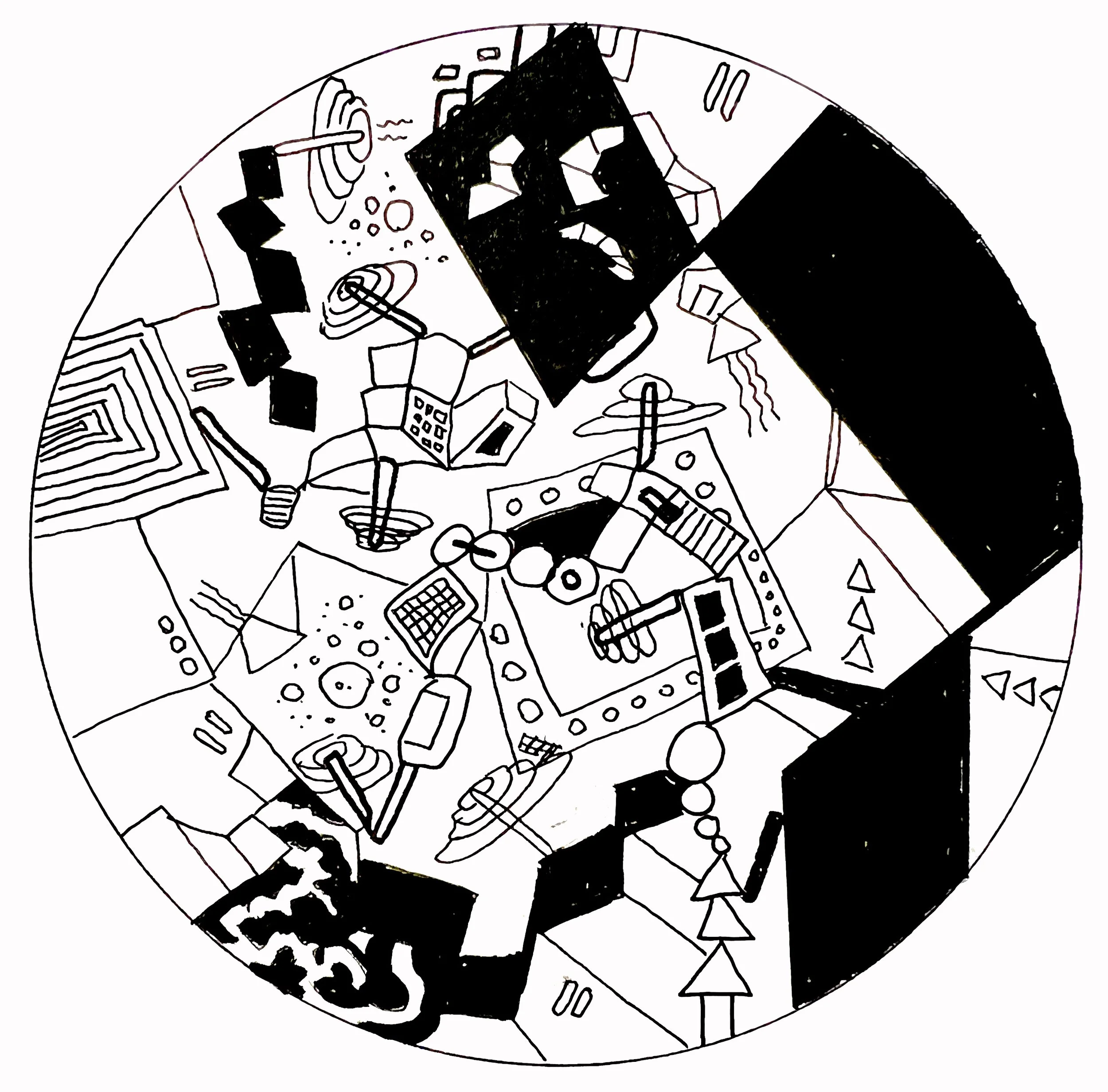 Black and white illustration of various objects on a circular surface, including a computer monitor, keyboard, and other electronic devices.