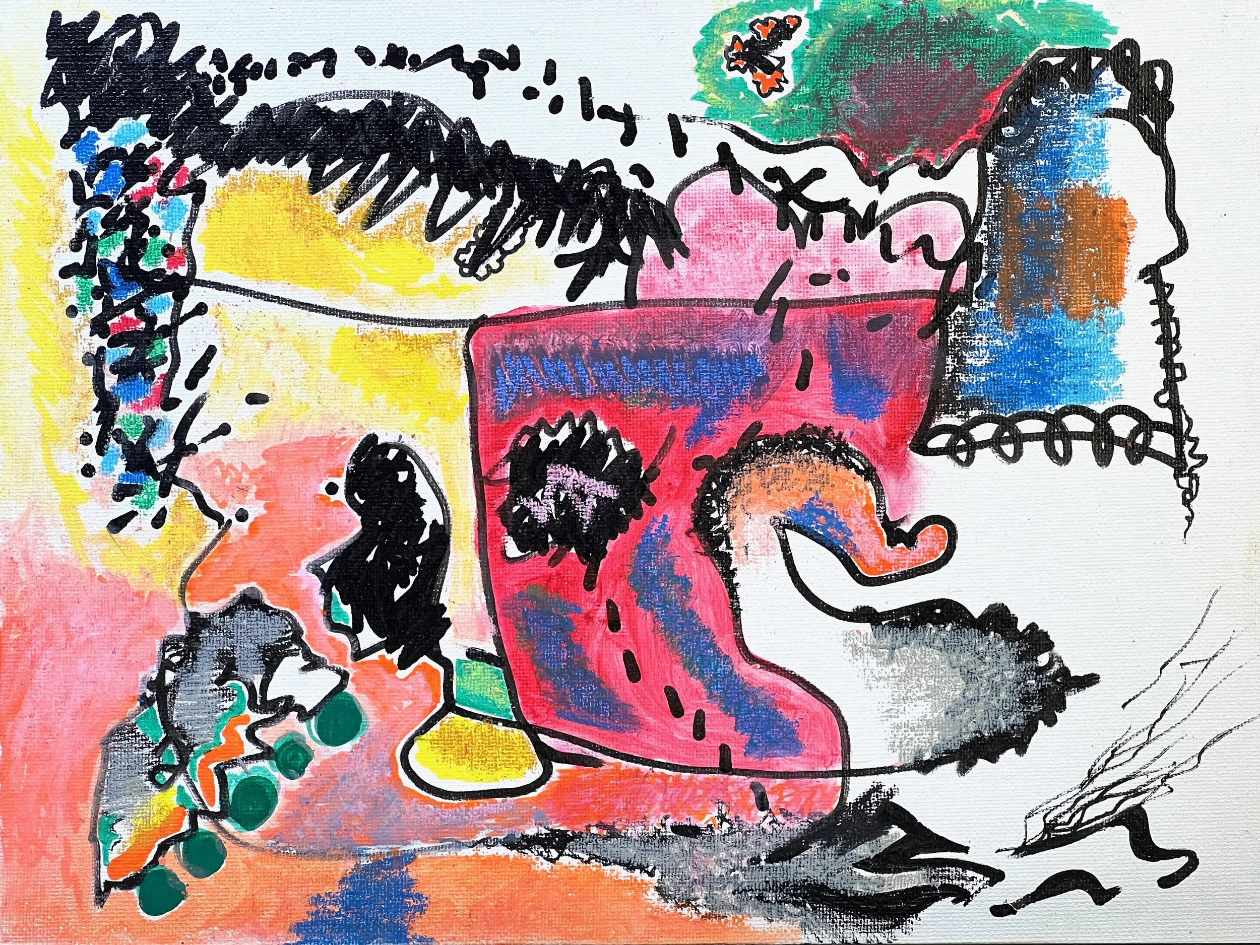 Colorful abstract drawing with vibrant colors, black lines, and text that reads 'happy'.