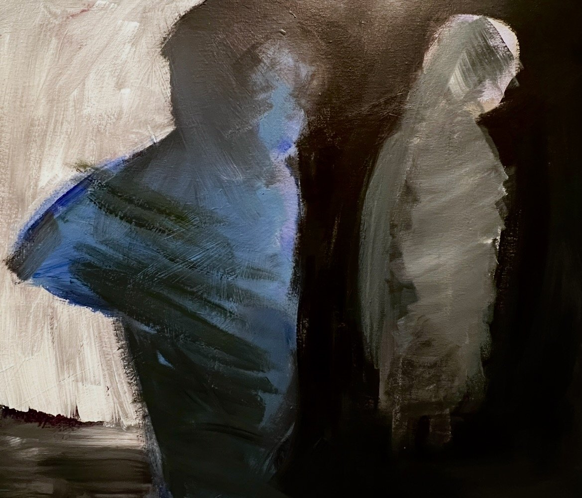 An abstract painting of two human faces in profile, rendered with bold brushstrokes and dark colors, emphasizing the contrast between light and shadow.