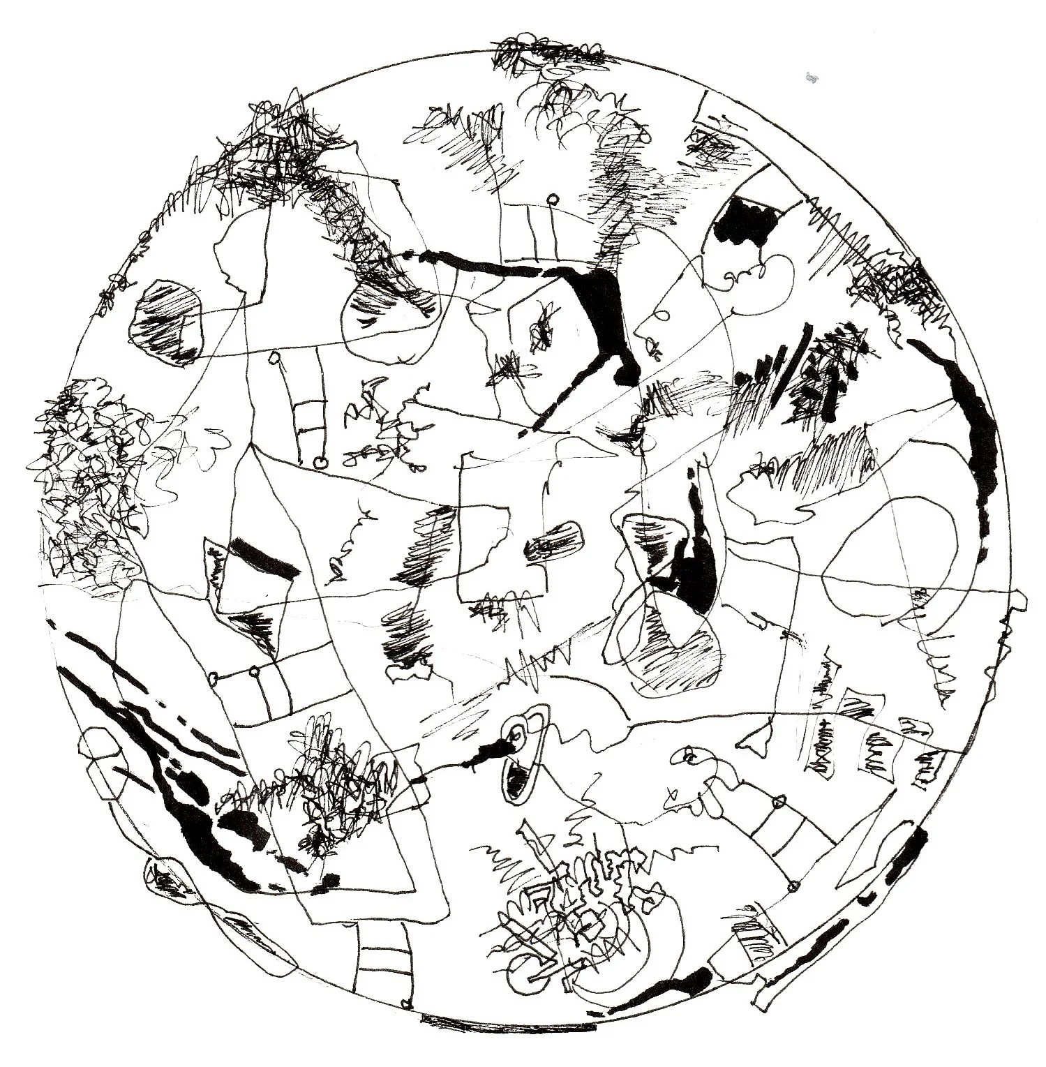 Black and white sketch of a planet, possibly Earth, with various abstract lines, shapes, and sketches of continents, trees, and other features.