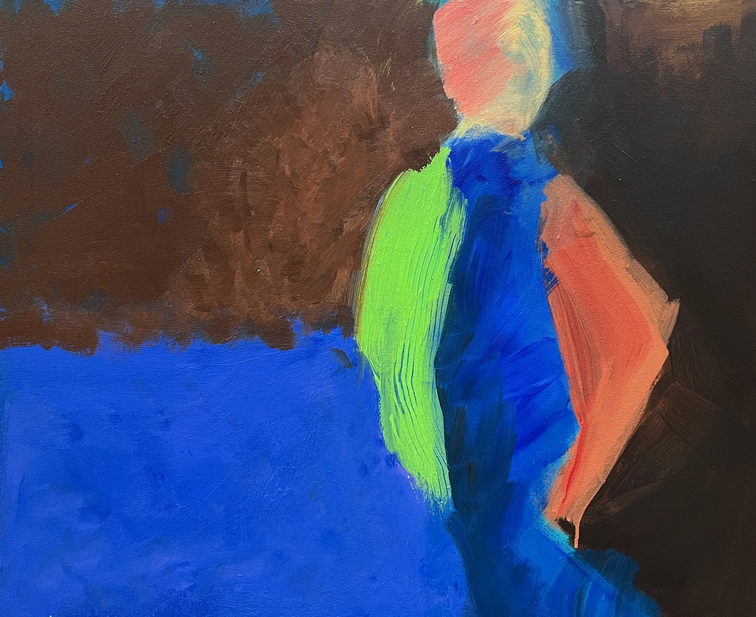 Close-up of an abstract painting with broad, colorful brushstrokes. The colors include blue, brown, green, orange, and hints of pink and yellow. The brushstrokes are textured and layered.