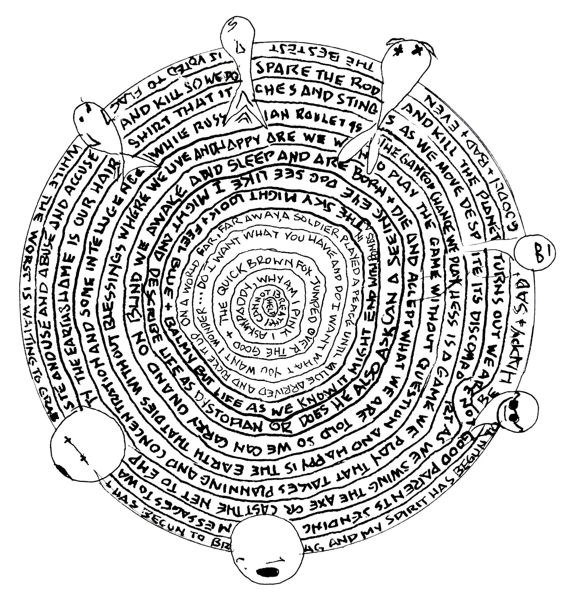 Black and white drawing of a dog with a curly tail, with its body composed of concentric circles of handwritten text. The circles contain verses or phrases, possibly lyrics, describing the dog's activities and characteristics.