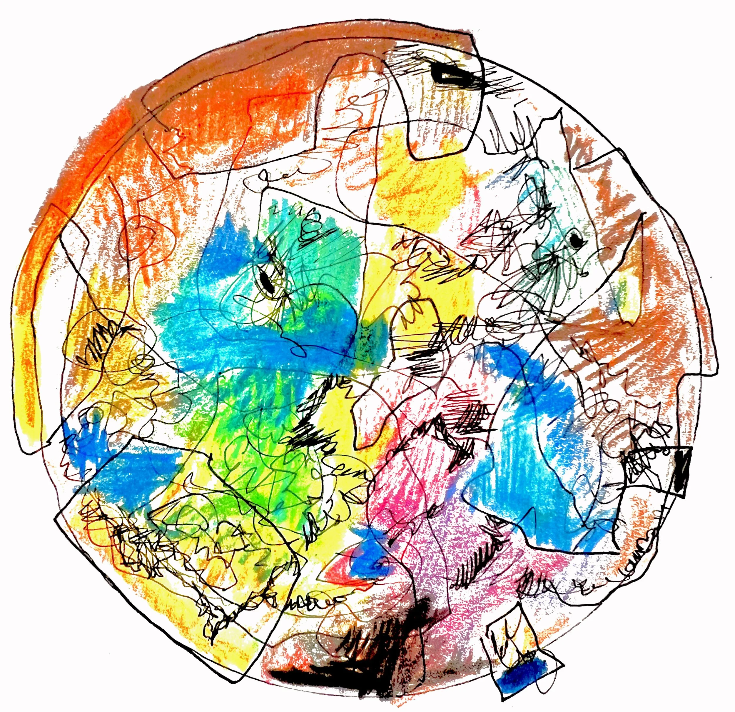 A colorful abstract drawing of a cube with a rainbow and multicolored background, created with watercolor and ink.