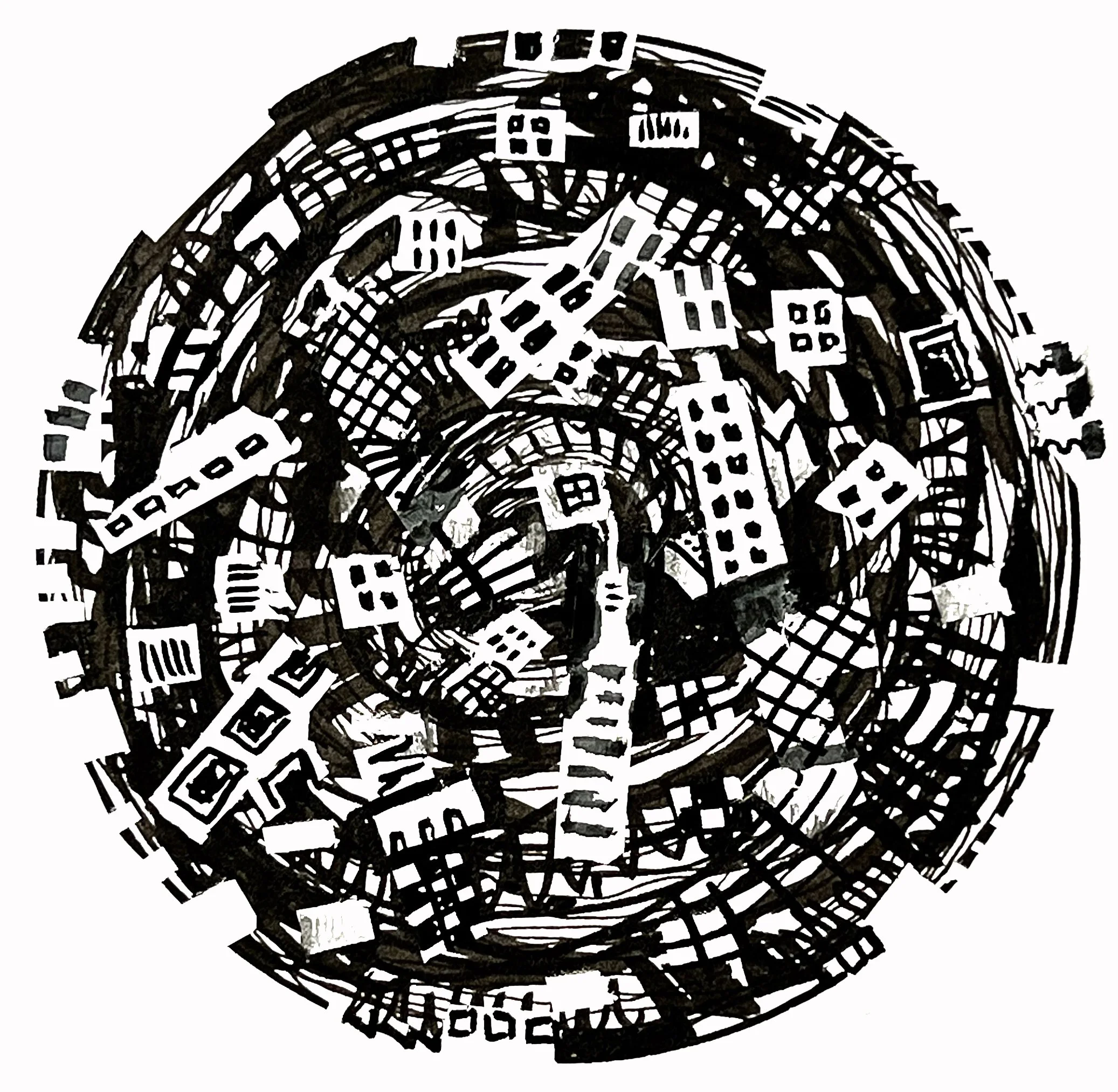 Abstract black and white digital spiral cityscape illustration with detailed buildings and streets.