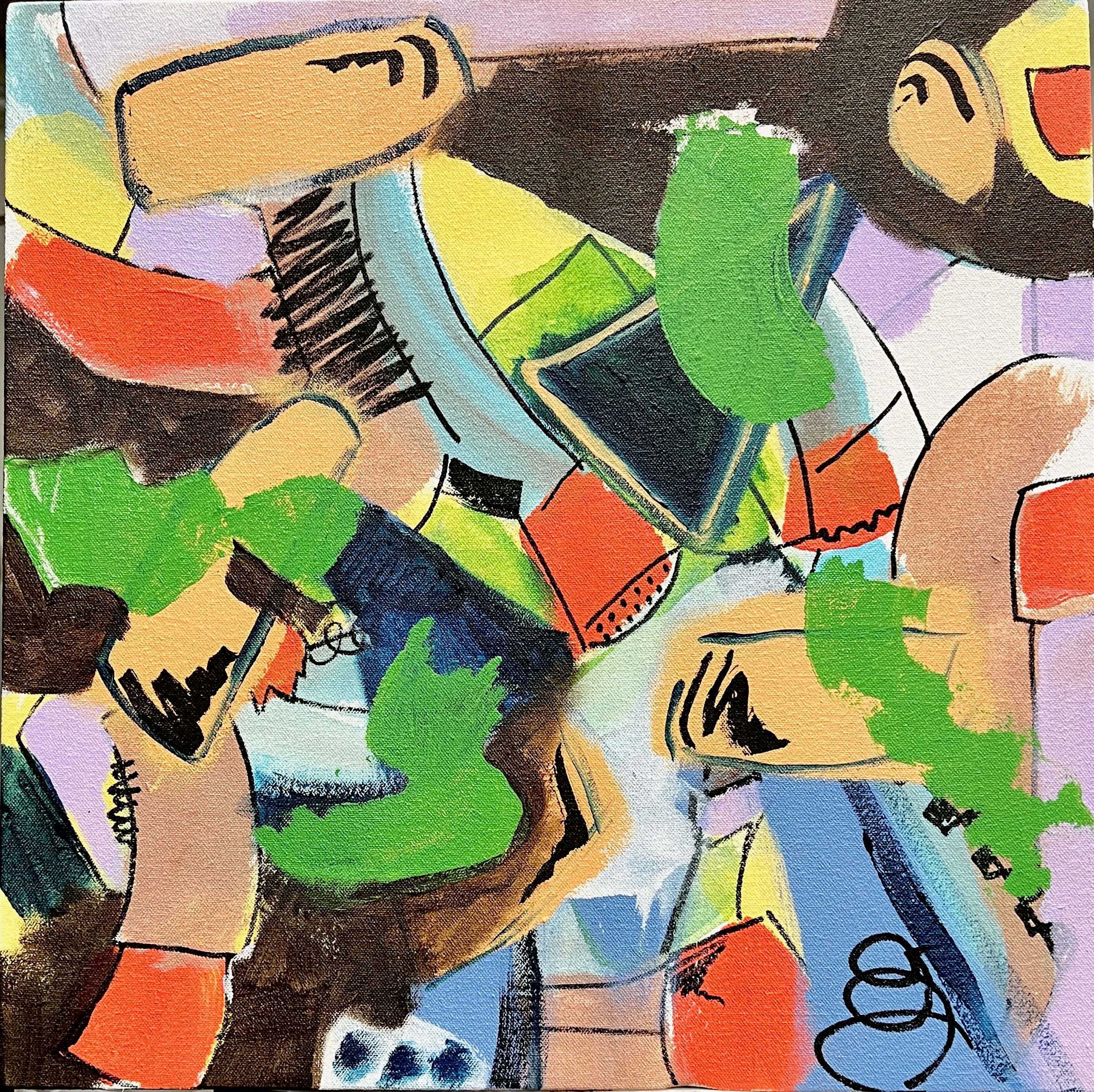 Close-up of a colorful, abstract painting with various shapes, lines, and vibrant colors.