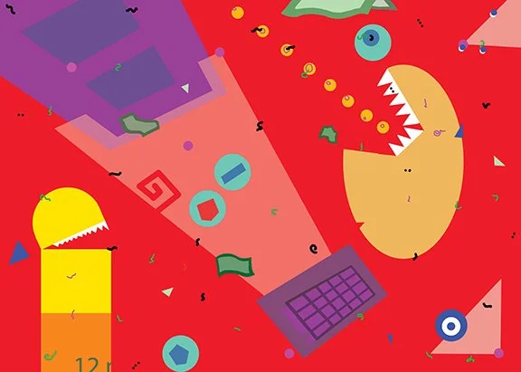 Colorful, abstract digital illustration featuring various shapes and cartoon-like characters, including a large beige creature with sharp teeth, a yellow character with a mouth open, a purple device, and scattered geometric symbols on a red background.
