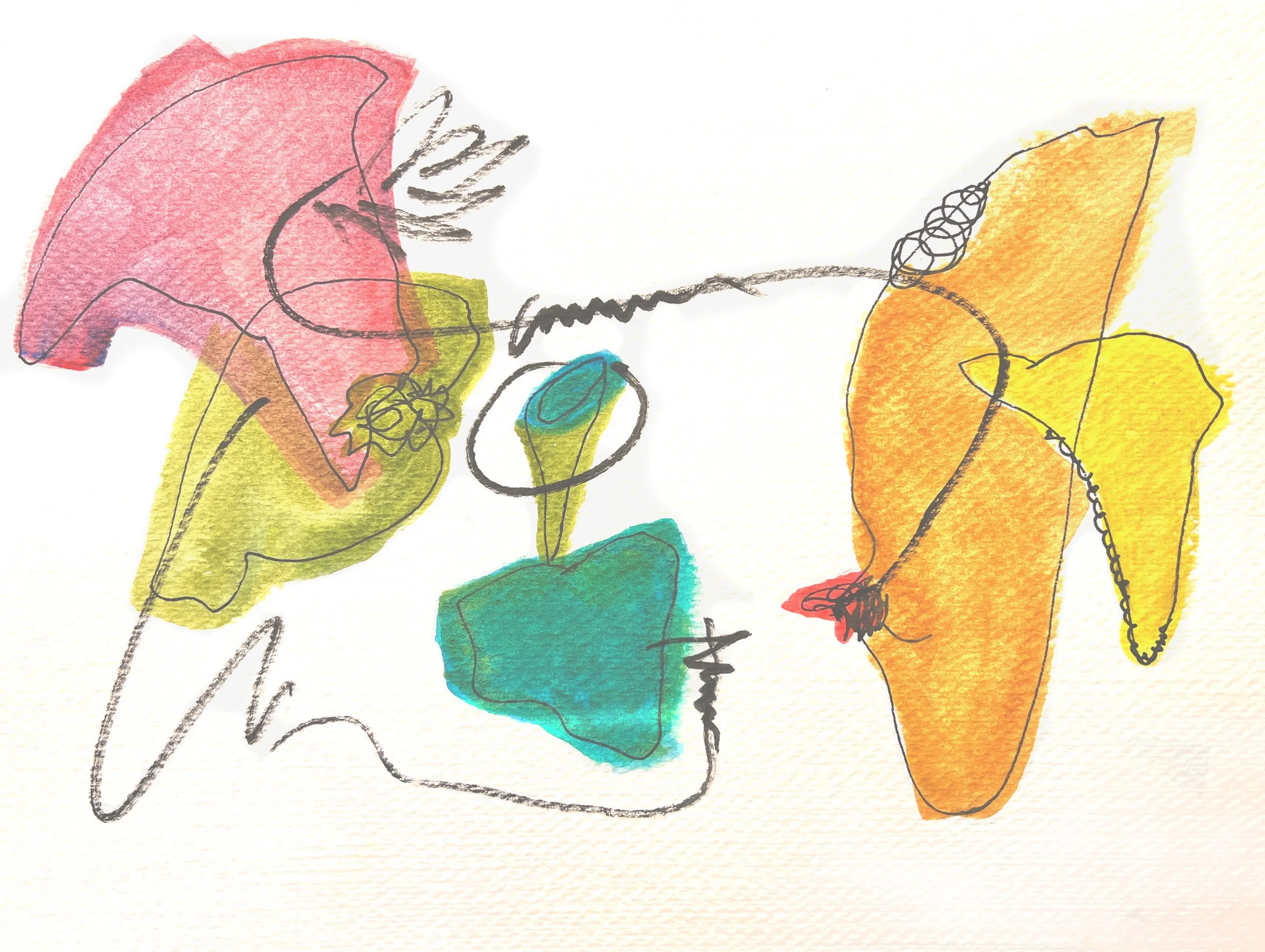 Abstract colorful drawing with loose black lines, pink, orange, green, blue, and yellow watercolor patches.