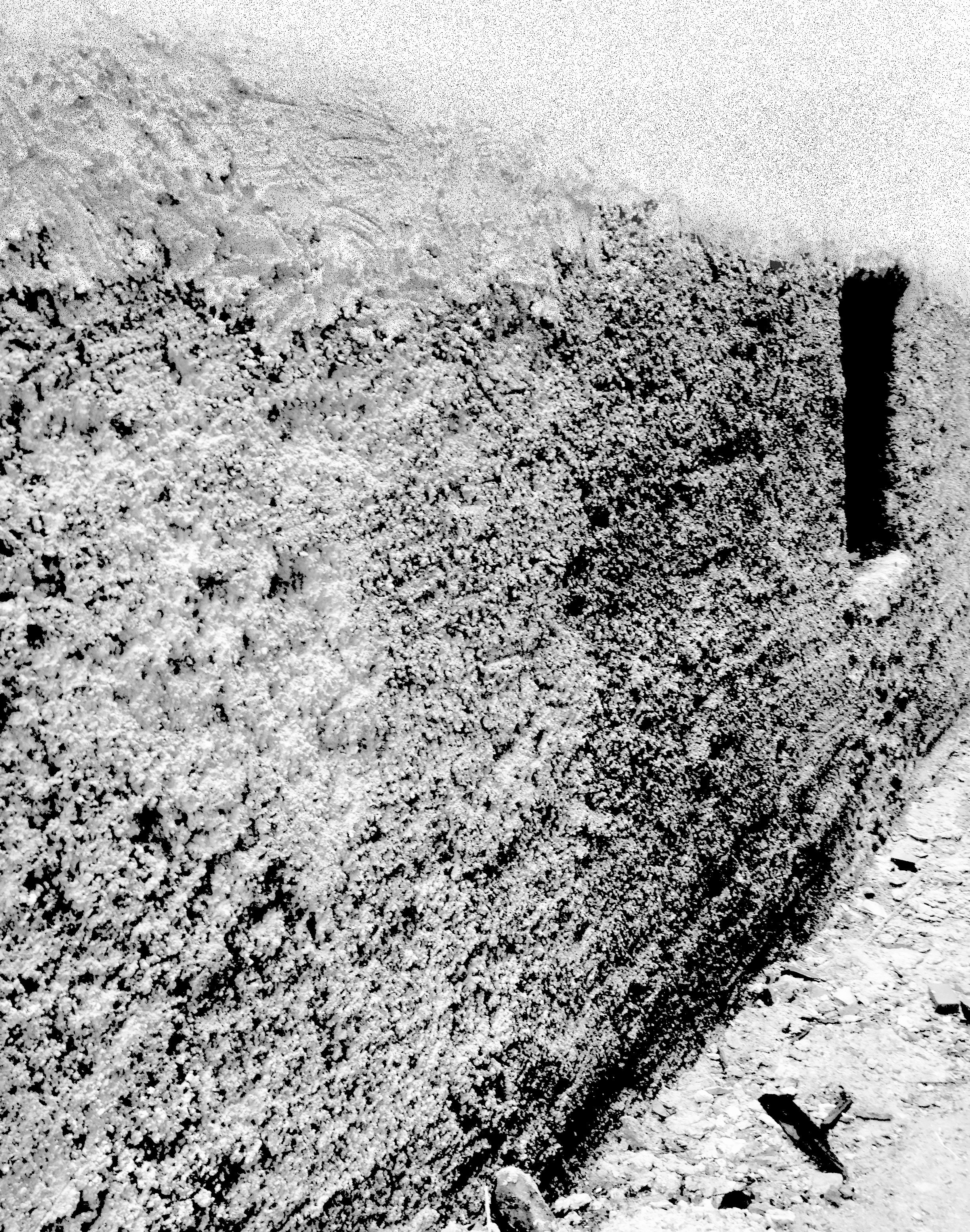 Black and white photo of a pile of loose, small granules or powder, with some rough, dark debris towards the bottom right corner.