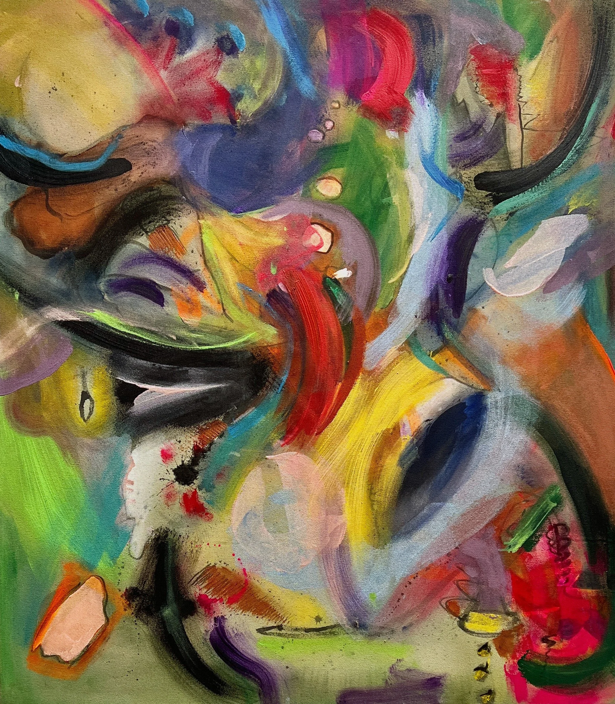 Abstract colorful painting with swirling shapes in vibrant hues of red, blue, yellow, green, purple, and black, with some brushstrokes and splatters.