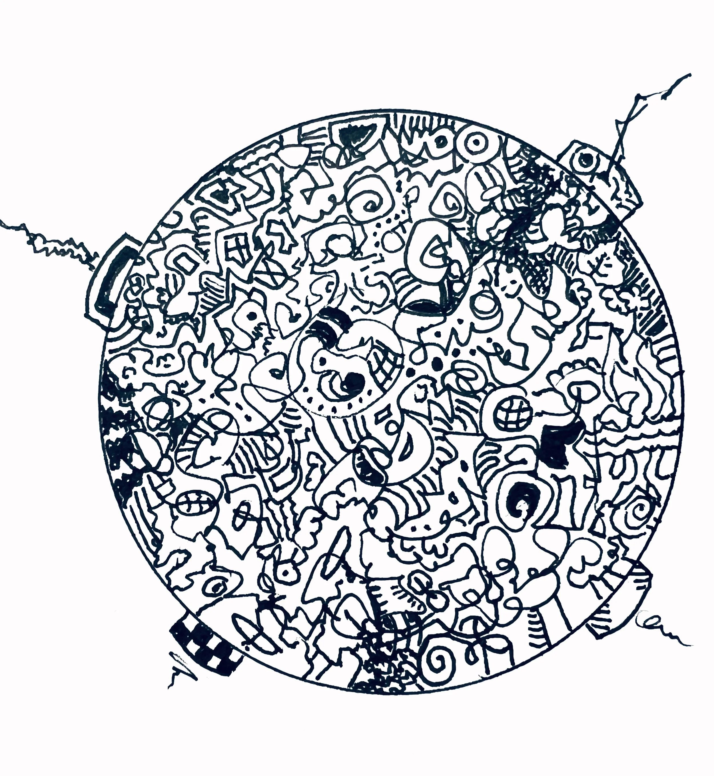 Close-up of a detailed, intricate black and white doodle drawing of a slice of pizza with various toppings, set against a white background.