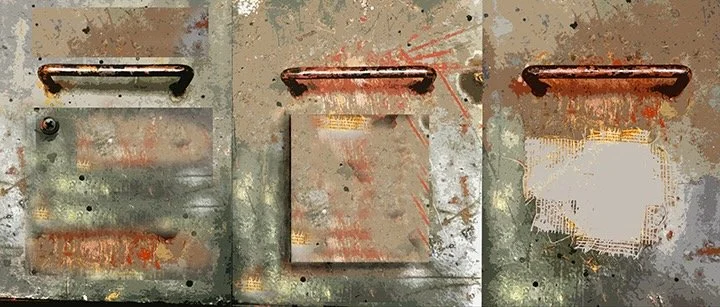 Close-up of three rusty, weathered metal lockers with deteriorated paint and padlock holes.