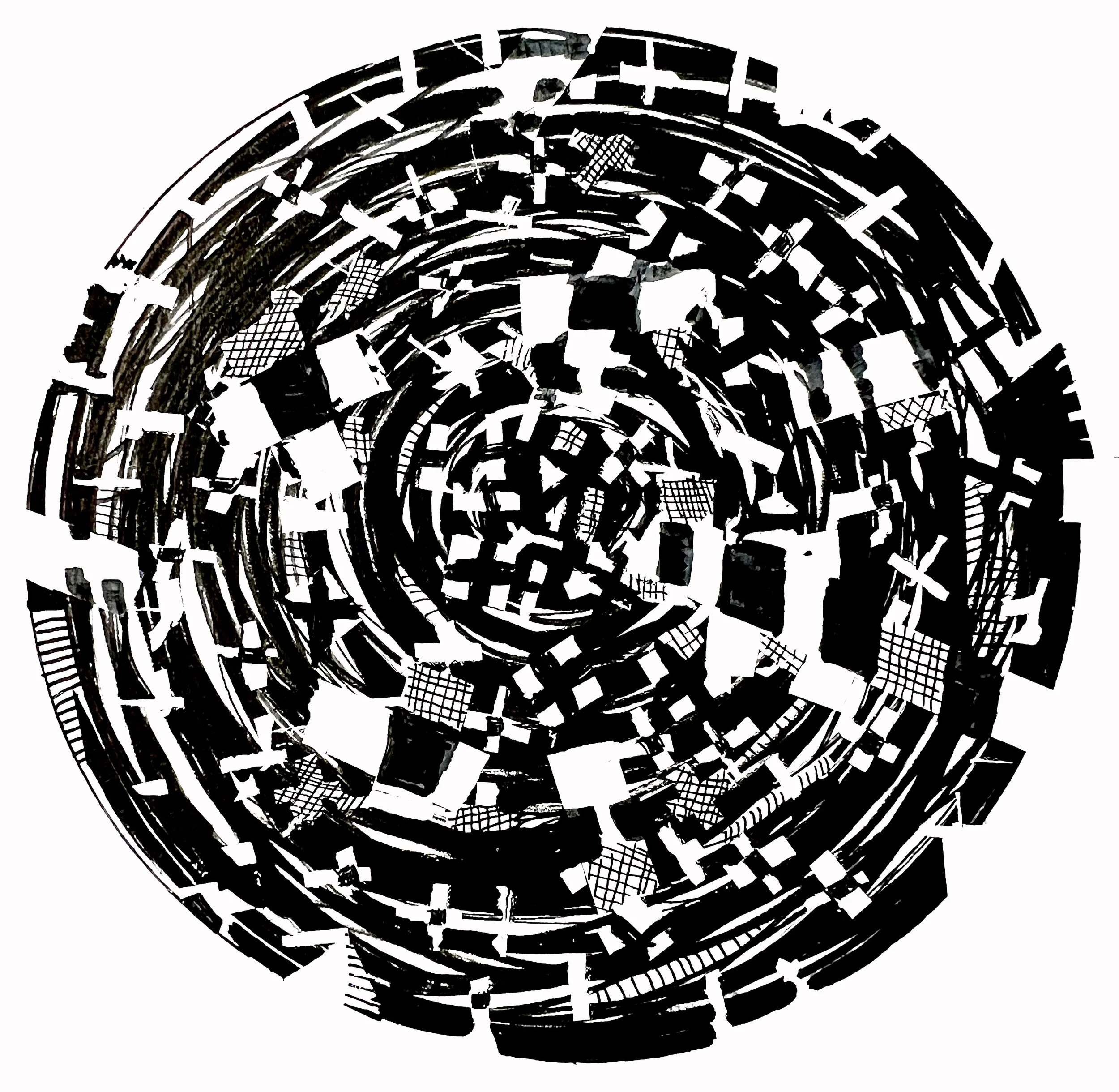 Black and white abstract spiral pattern with geometric shapes and lines.