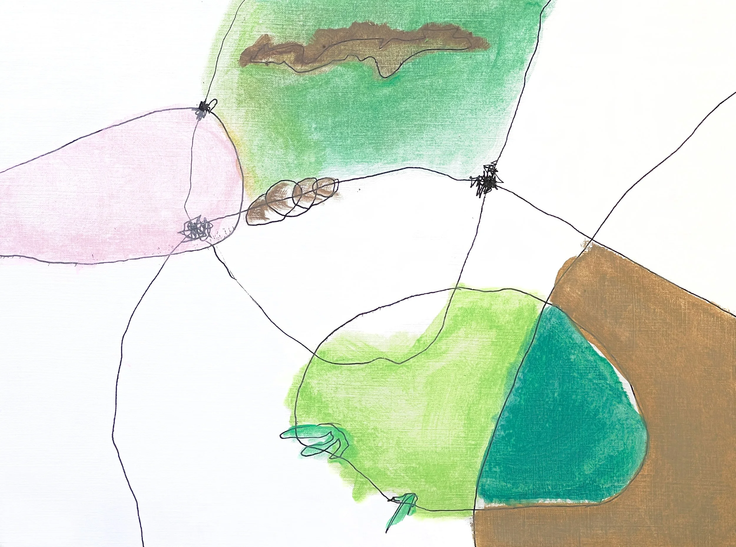 Colorful abstract drawing with irregular shapes in pink, green, brown, and blue, connected by black lines, with some scribbles and shading.