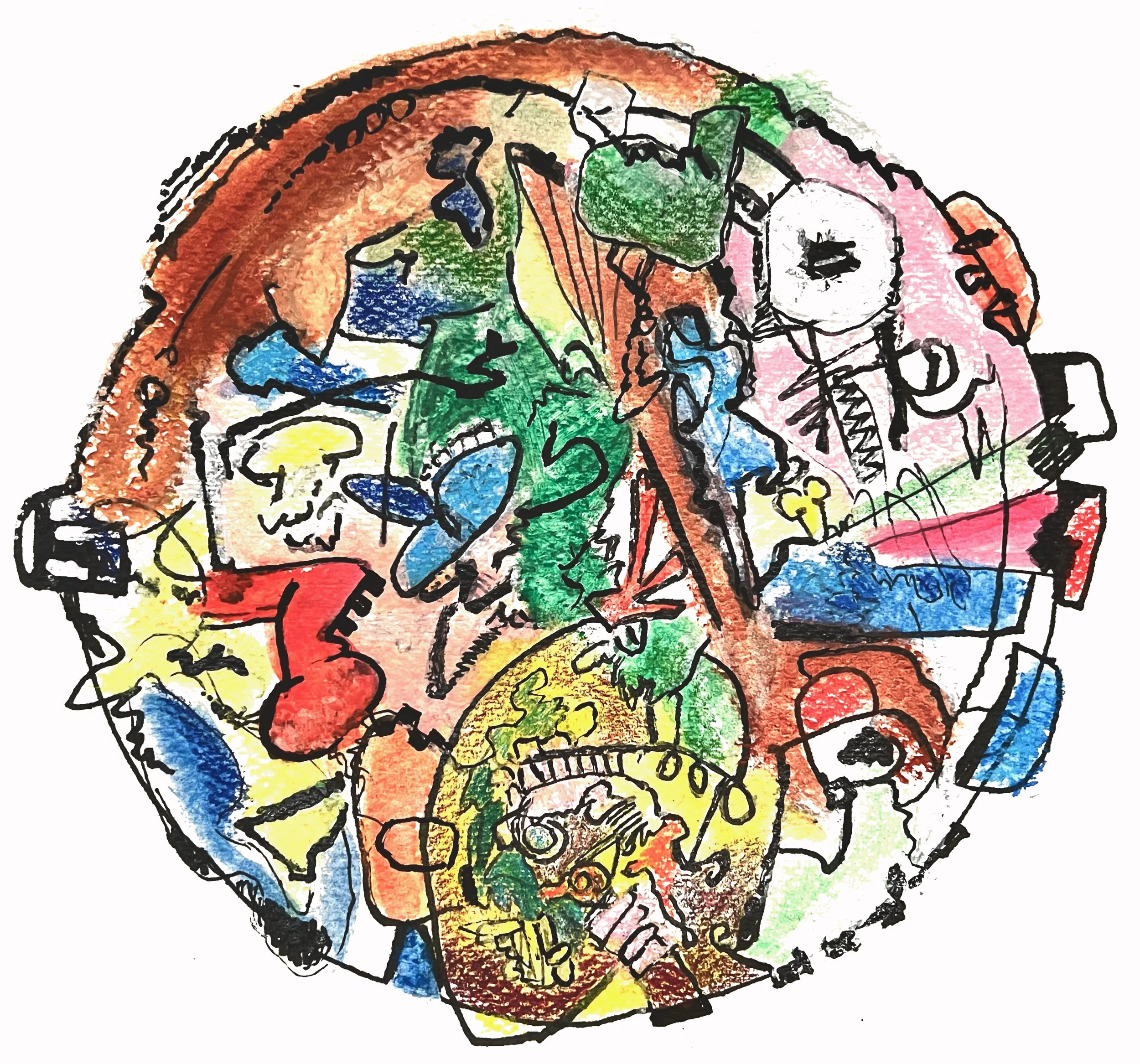 A colorful, abstract drawing of a human skull with various vibrant sections and patterns.