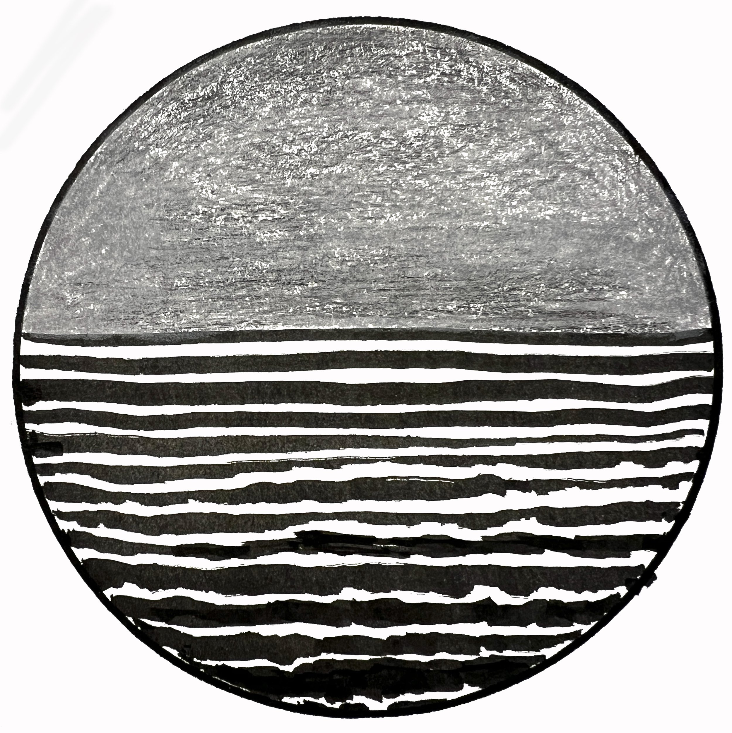Close-up of a silver metallic coin with black horizontal lines at the bottom, black outline, and textured surface, viewed from the side.