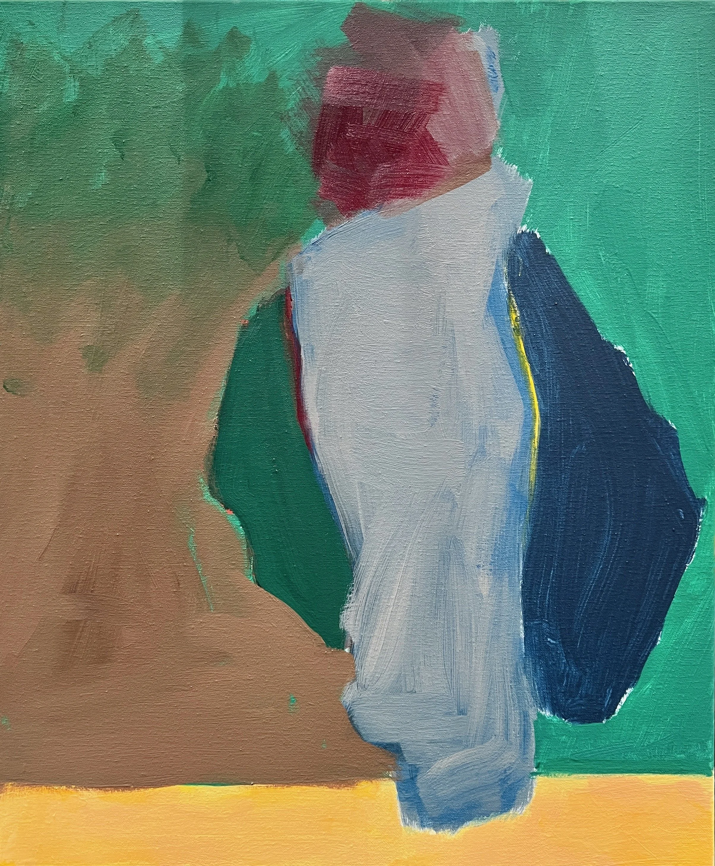 Abstract painting with a blue figure on yellow ground, green background, and red and brown accents.