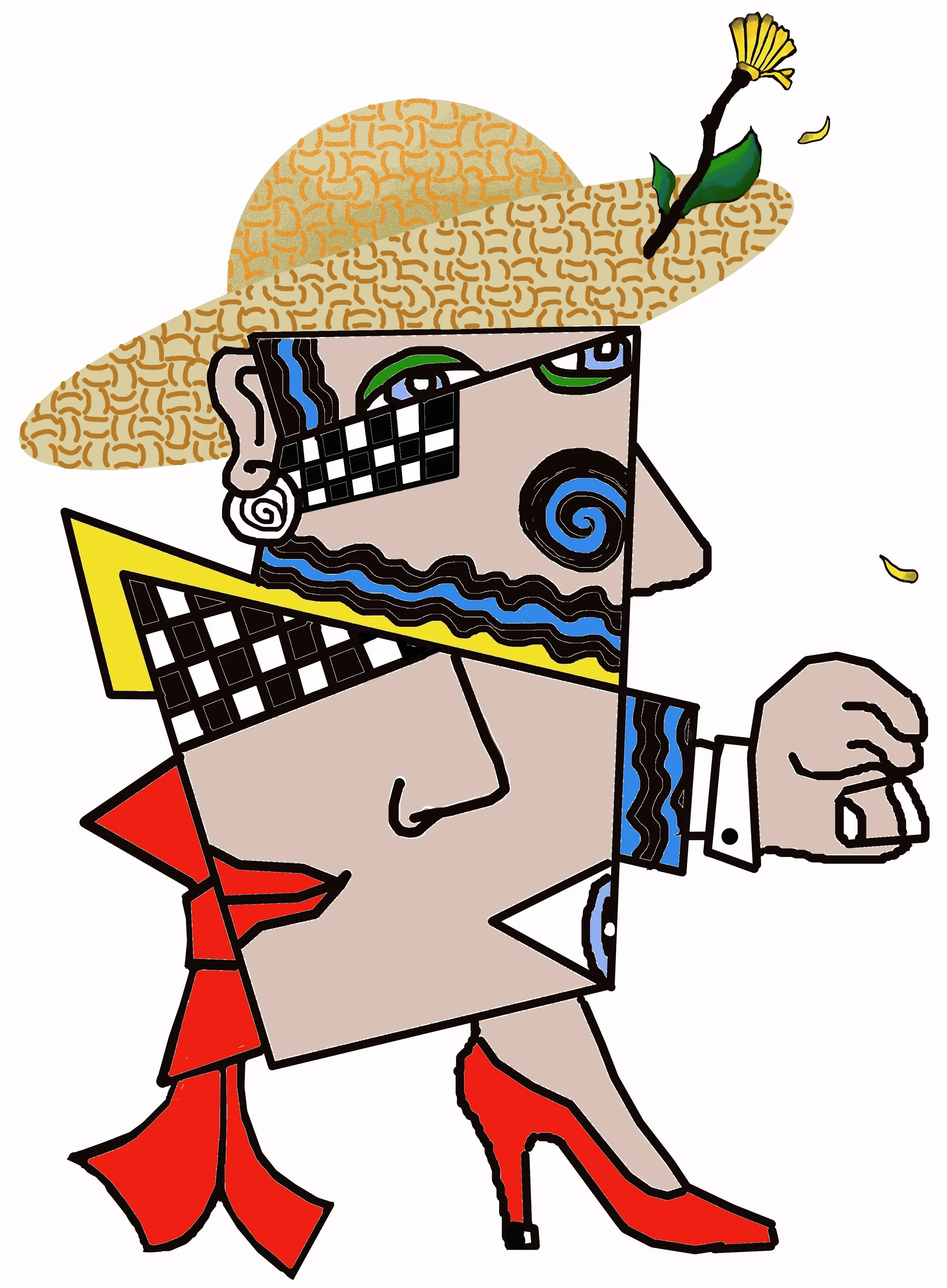 Illustration of a person wearing a wide-brimmed straw hat with a yellow flower, sunglasses, earrings, and red high-heeled shoes, sitting with a hip lip pose.