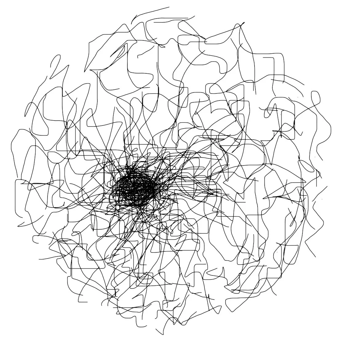 Abstract black scribbles on a white background, forming a tangled, chaotic pattern.