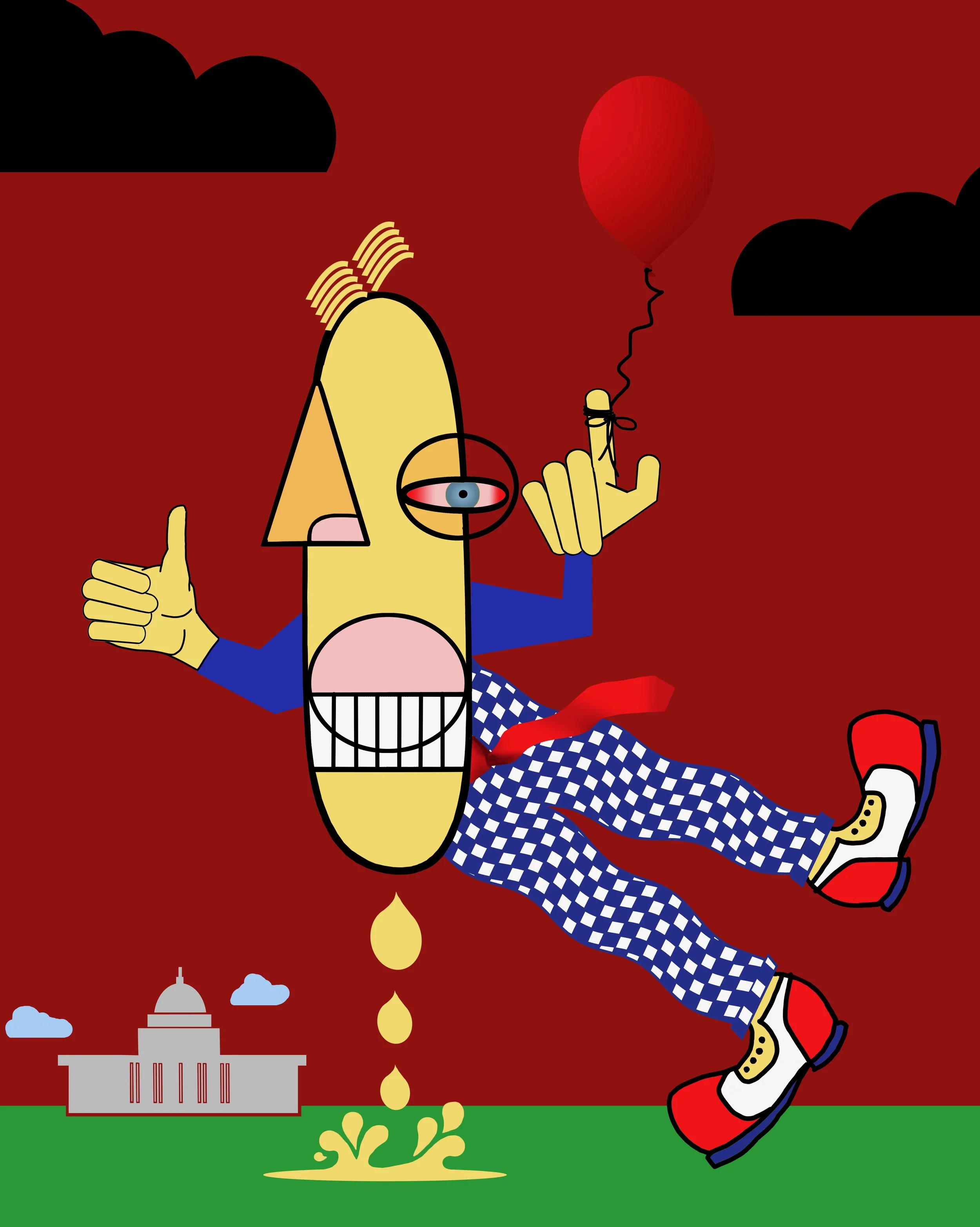 Stylized illustration of a person with a sickly appearance, blue eyes, and a Yellow face, lying on the ground with a red background. The person is holding a red balloon with a string, and making a peace sign with their other hand. They wear checkered blue and white pants and red sneakers. There are droplets falling from their head, and a building with the Capitol dome and clouds in the background.