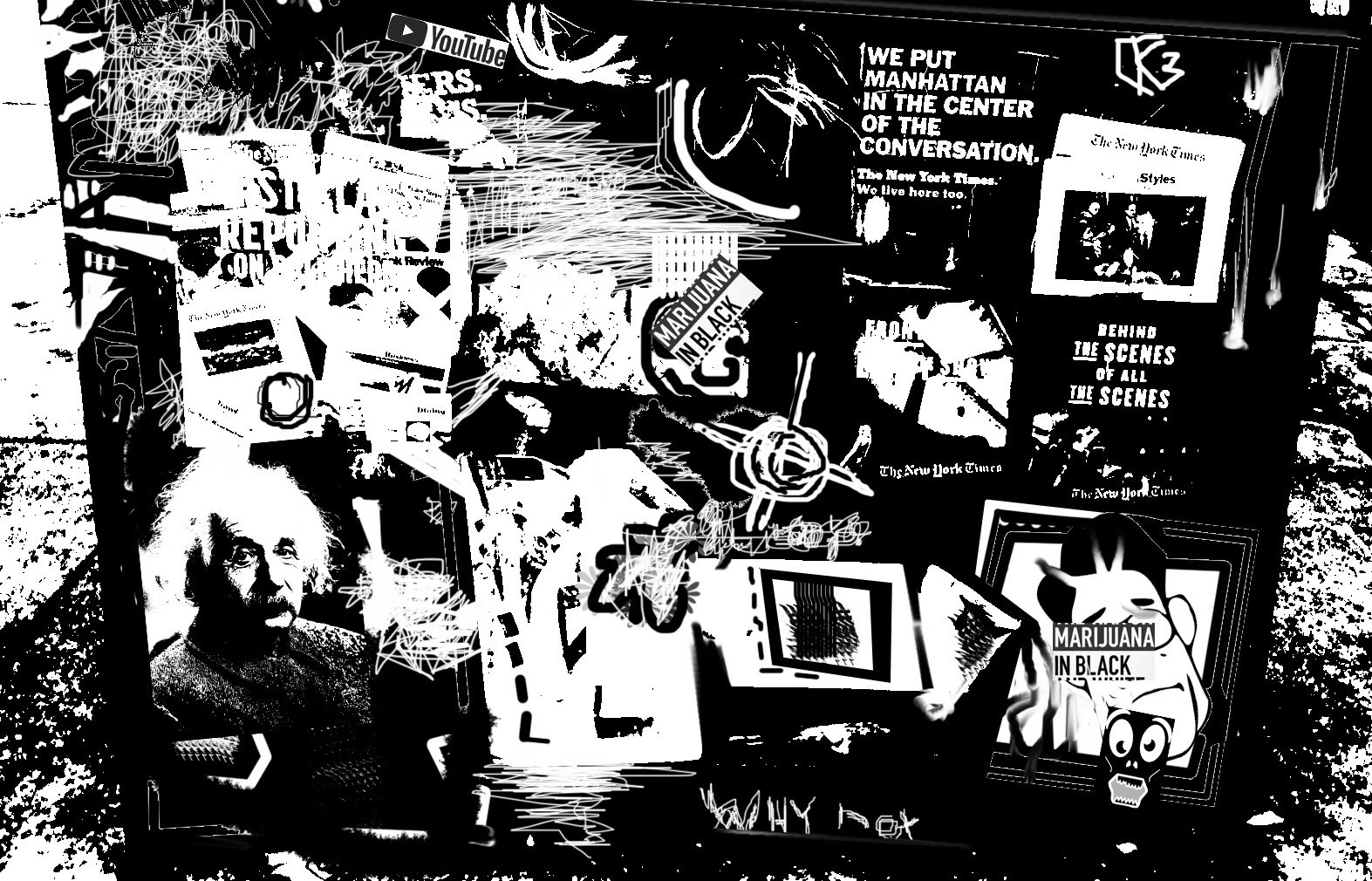 A collage of various images and texts including a black-and-white photo of Albert Einstein, marijuana-related posters, magazine covers, and headlines, with overlapping graphics and scribbles.