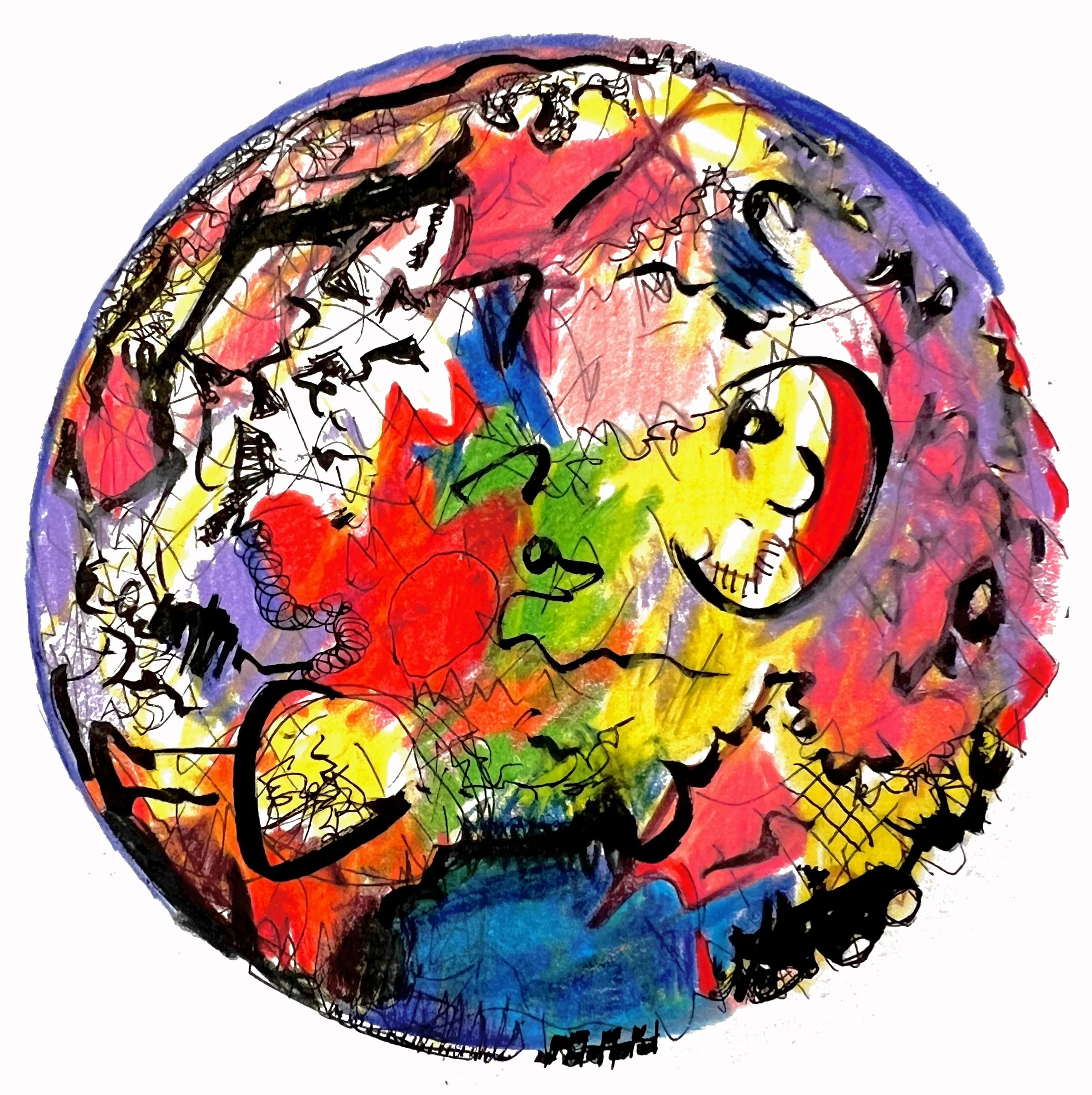 A colorful abstract drawing of a human face with black outlines, filled with vibrant colors including red, yellow, green, blue, and purple, created with expressive strokes and scribbles.