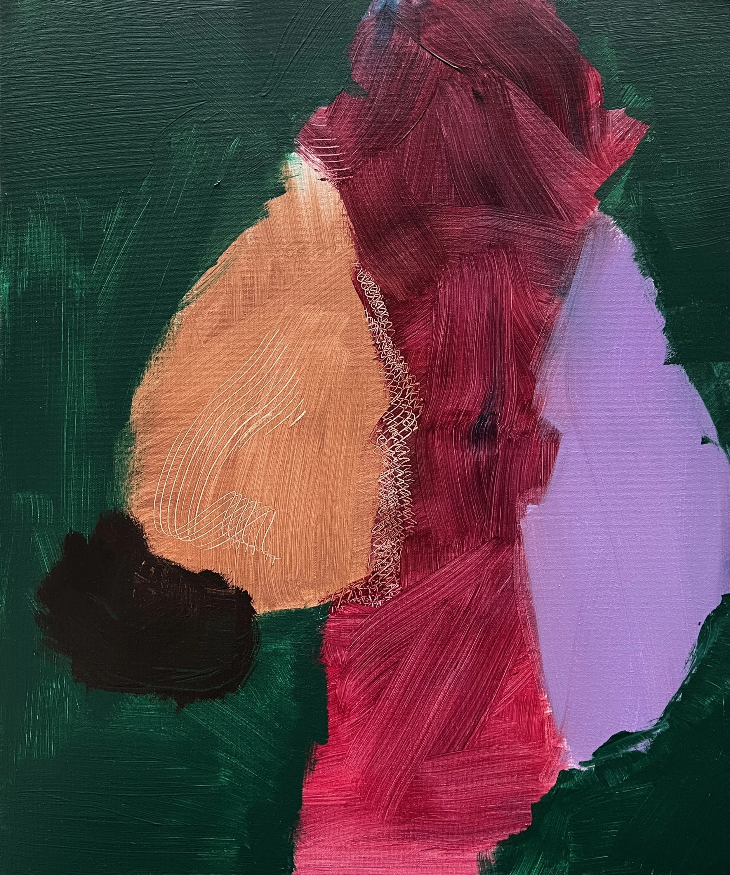 An abstract painting with a dark green background, featuring a large red flower with purple and orange accents.