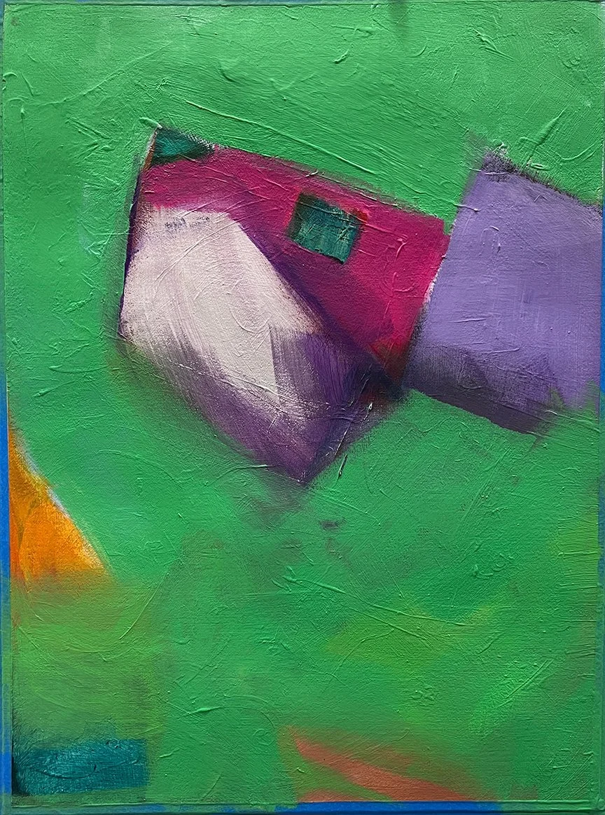 Abstract painting of a purple and white object on a red background against a green background with touches of other colors.