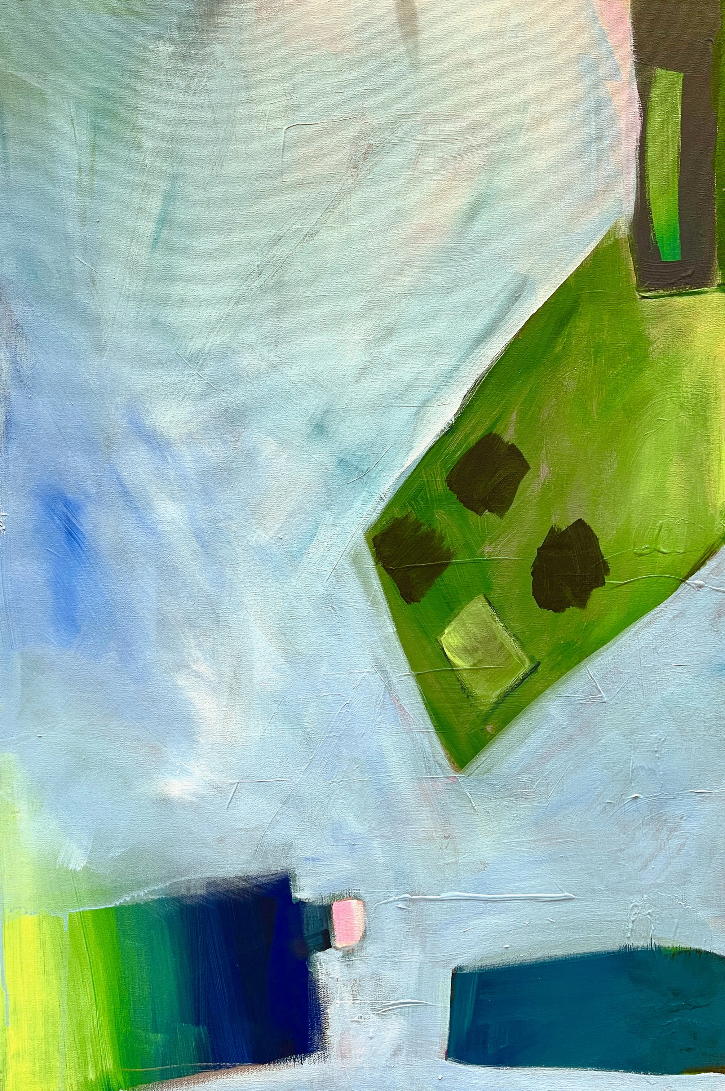 Abstract painting with various shades of blue, green, white, and hints of pink, featuring broad brushstrokes and geometric shapes.