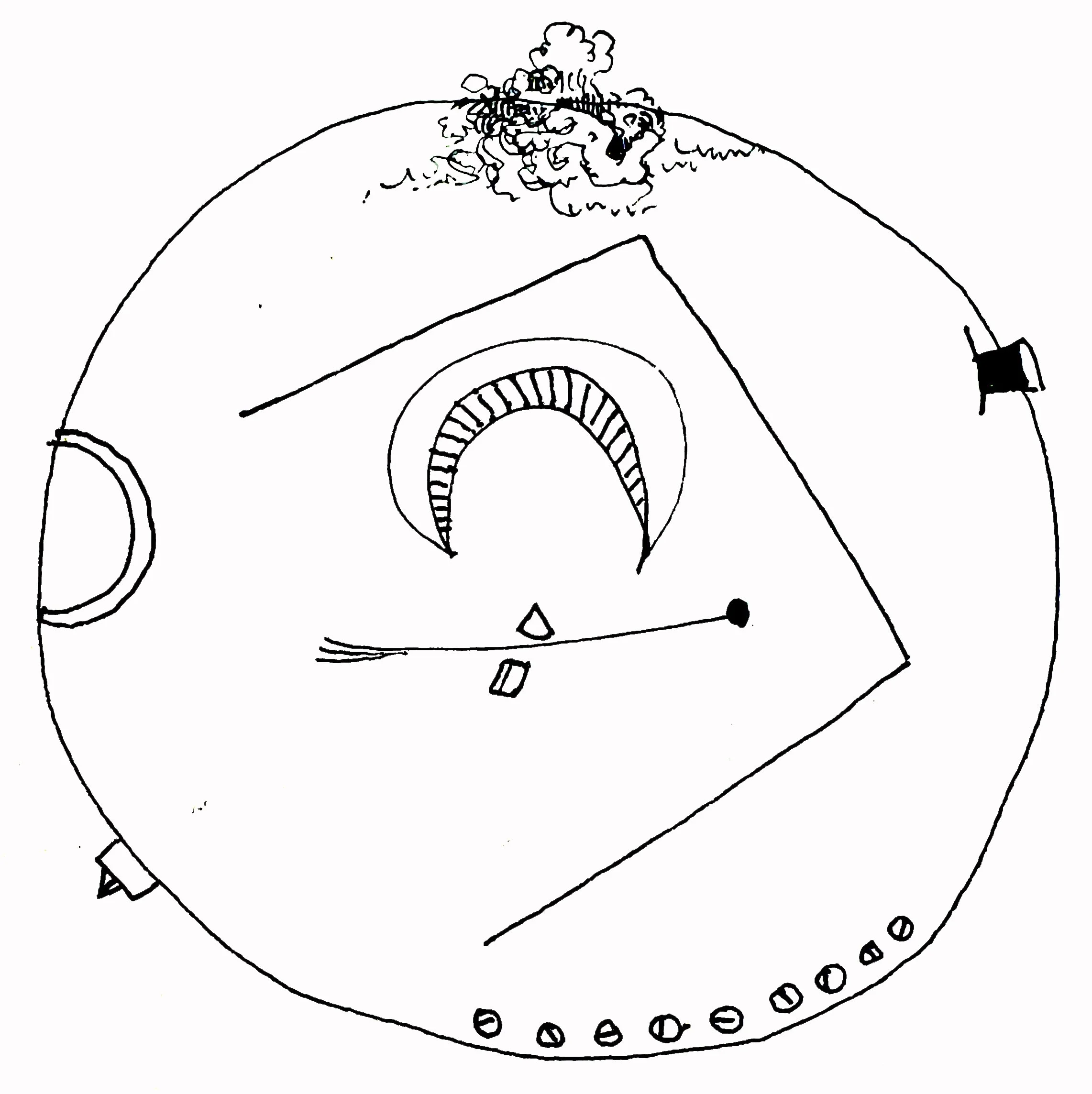 Line drawing of a vintage turntable with a record on it, featuring buttons and a tonearm.