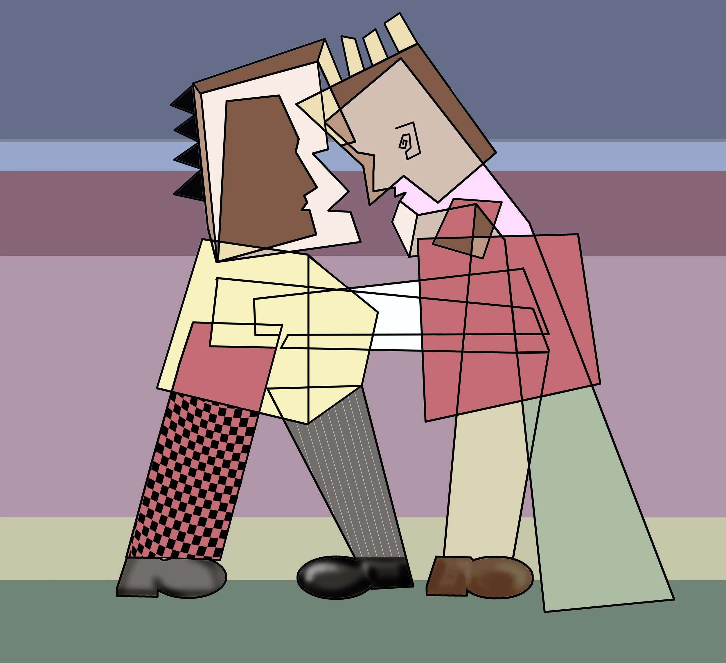 Abstract geometric illustration of two people kissing, featuring simplified shapes and patterns, with a background divided into three horizontal color blocks of dark blue, purple, and muted green.