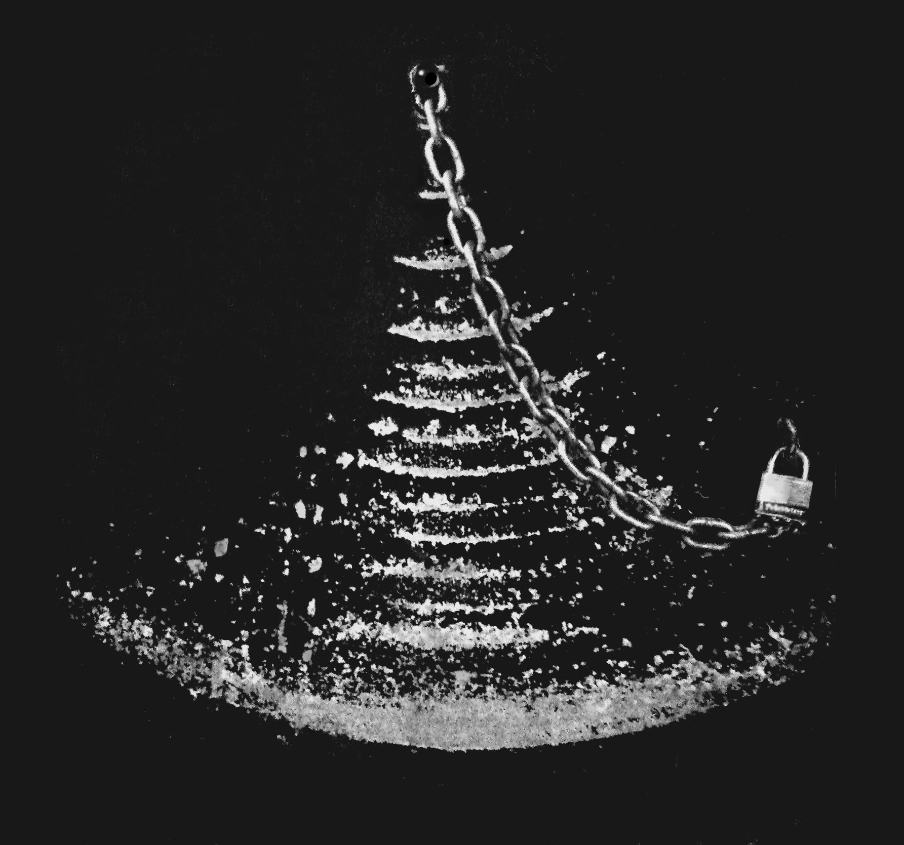 A swing set with a chain and a padlock on the right side, surrounded by a circle of small white lights or reflections on a dark background.