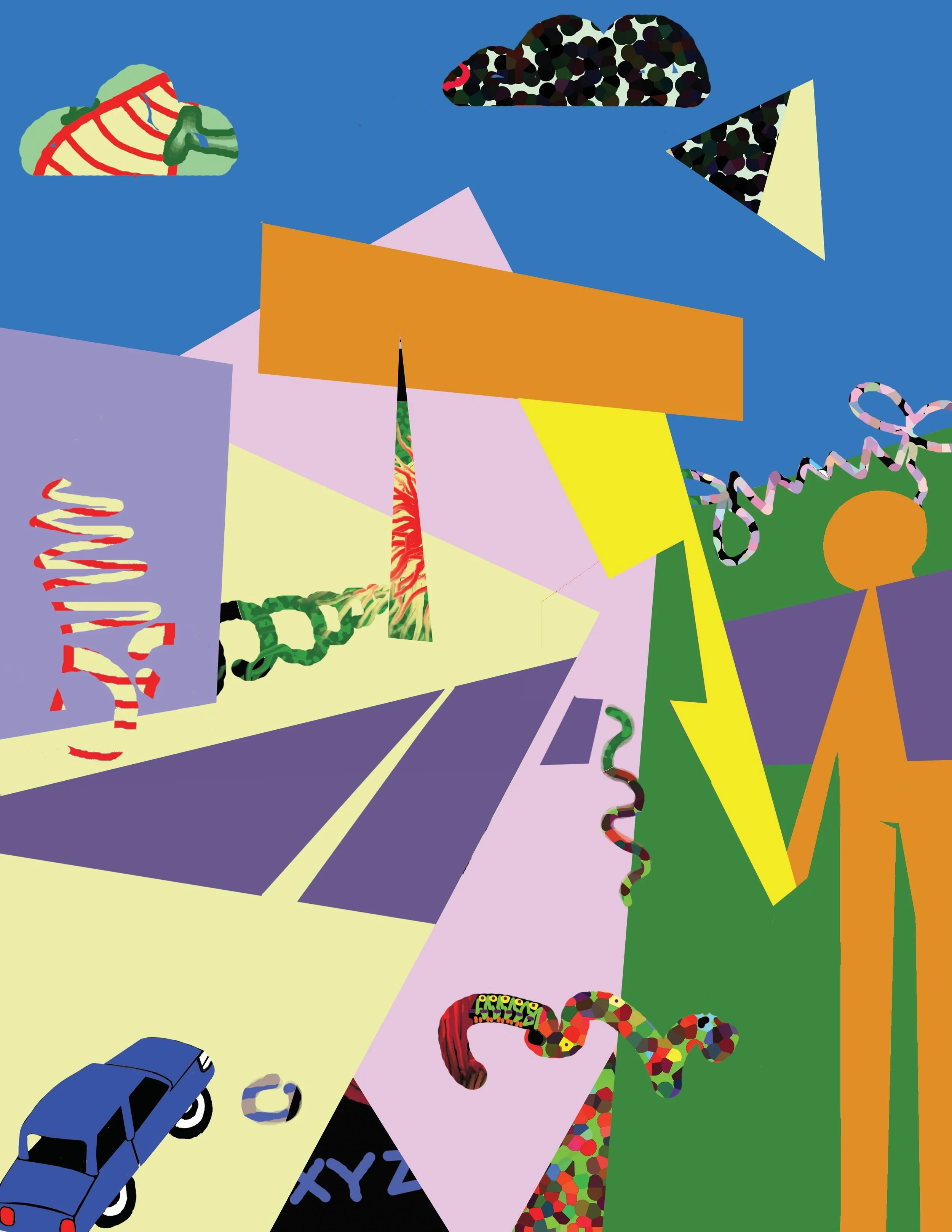Abstract digital artwork with various colorful geometric shapes and elements, including cars, DNA strands, and patterns, set against a blue and green background.
