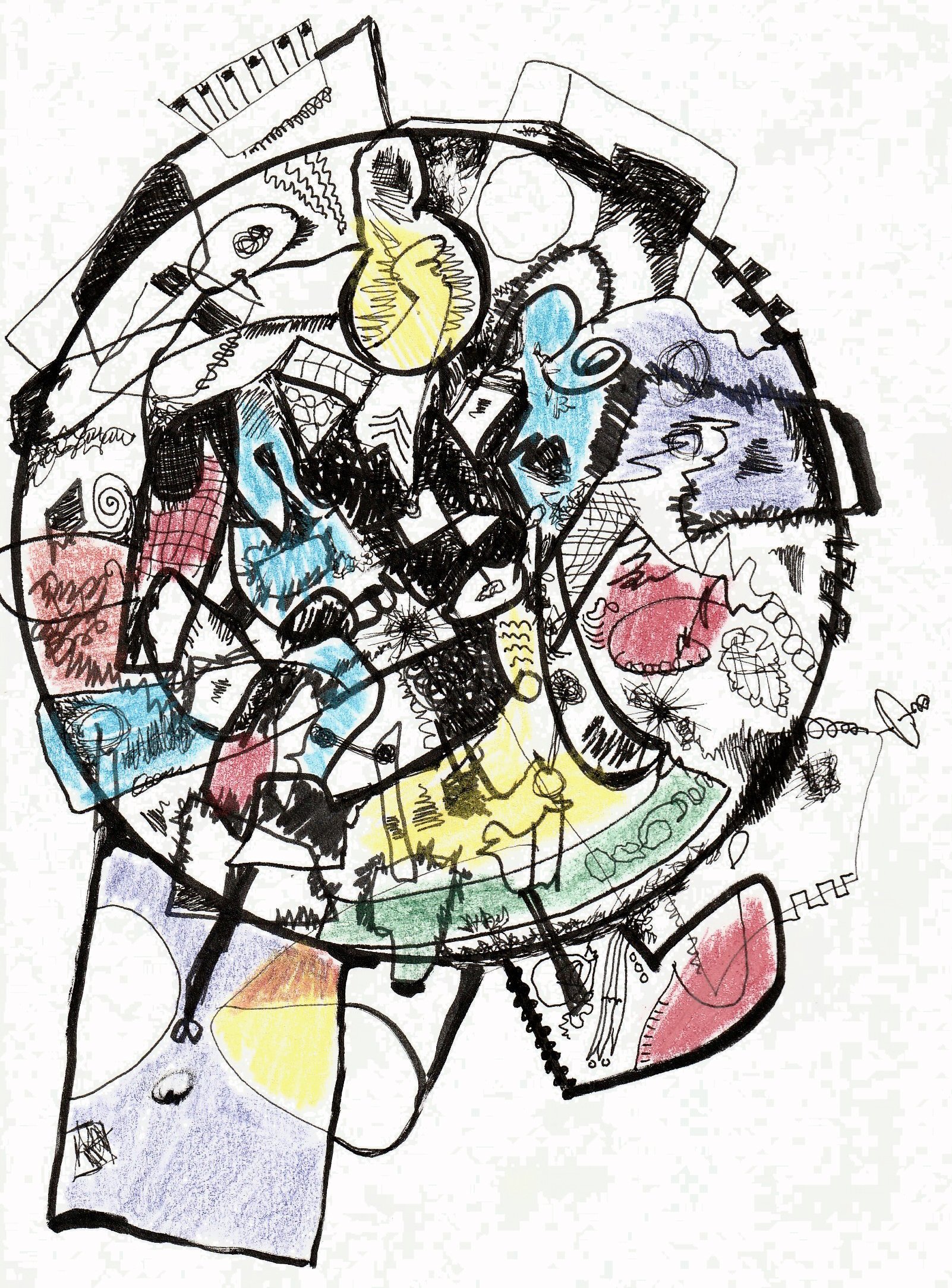 Colorful abstract sketch of a framed picture or artwork, with various shapes, lines, and scribbles in vibrant colors including yellow, red, blue, green, purple, and black.