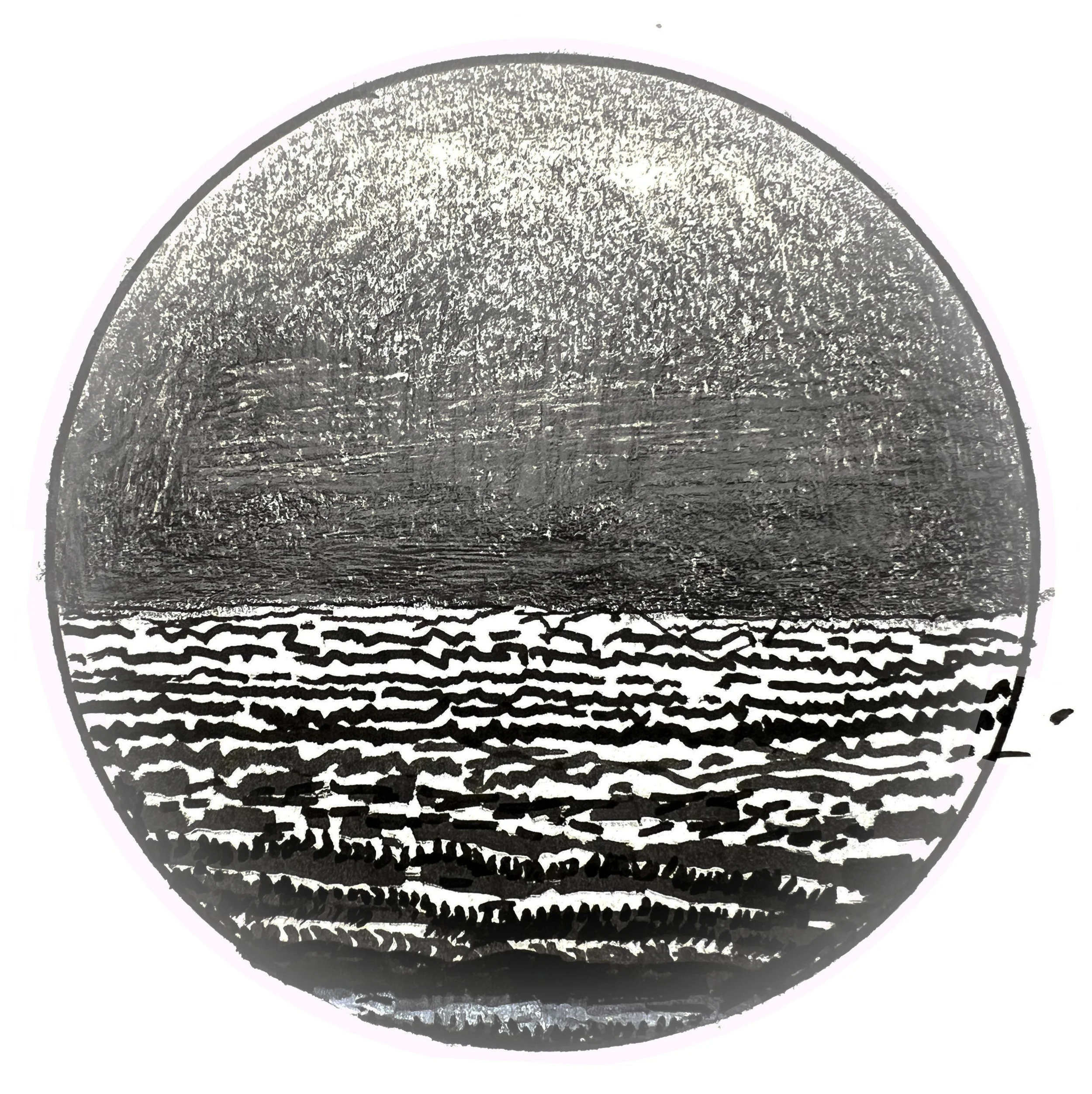 A black and white illustration of a dark, textured, semi-circular arc with a patterned base, resembling a stylized depiction of a landscape or abstract design.
